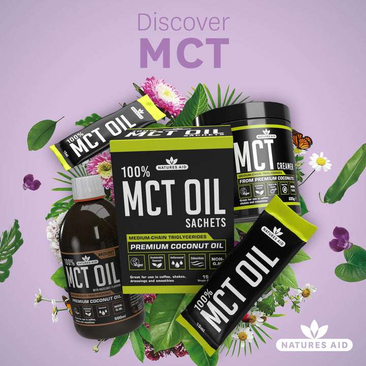 Natures Aid MCT Oil 15 x 15ml Sachets - 100% Pure Coconut Oil for Coffee, Smoothies, Shakes & Dressings - Vegan, Vegetarian, Sustainably Sourced
