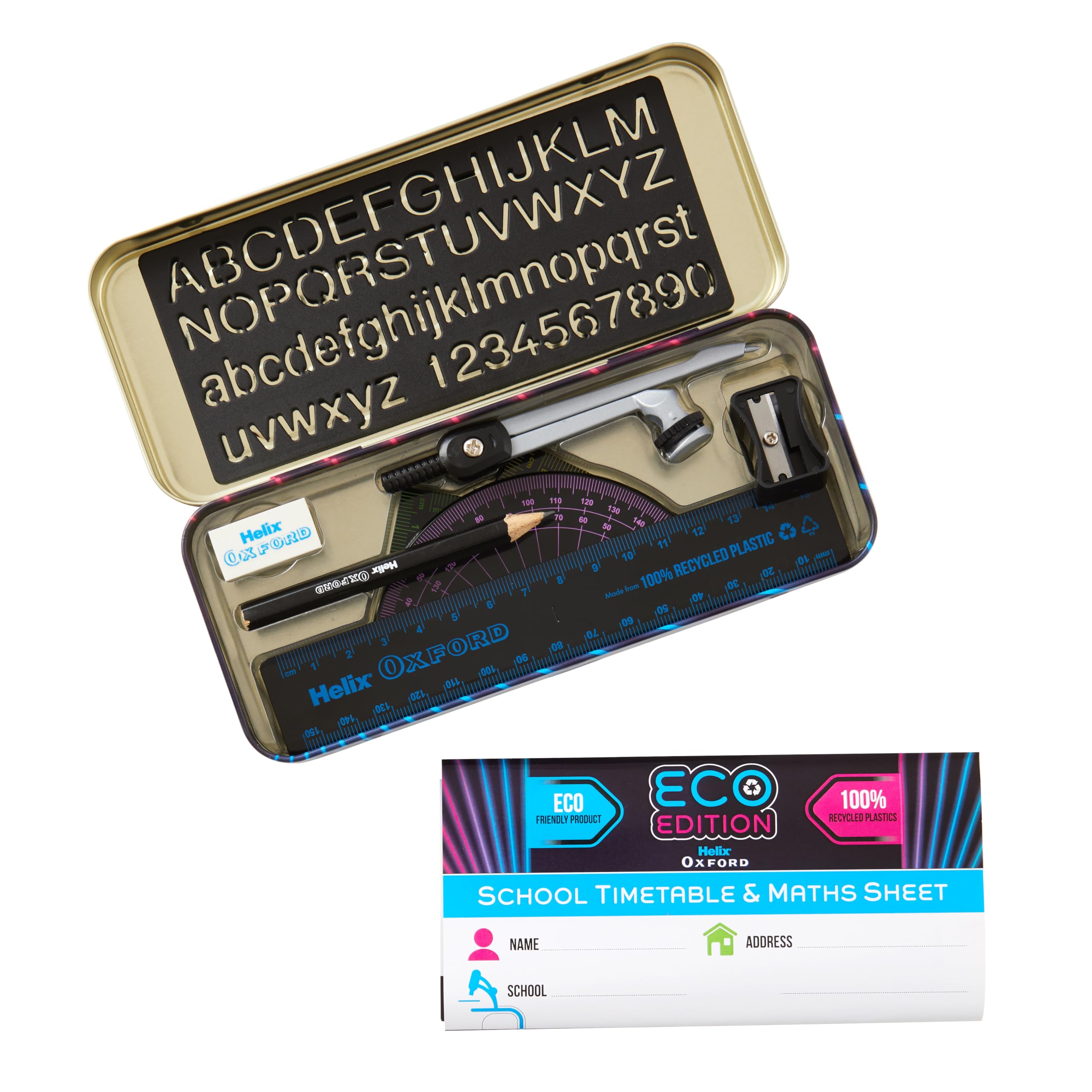 Helix Oxford Cyber Eco Maths Set - 9 Piece Geometry Set with Recycled Contents | Metal Tin | Model 170556 2