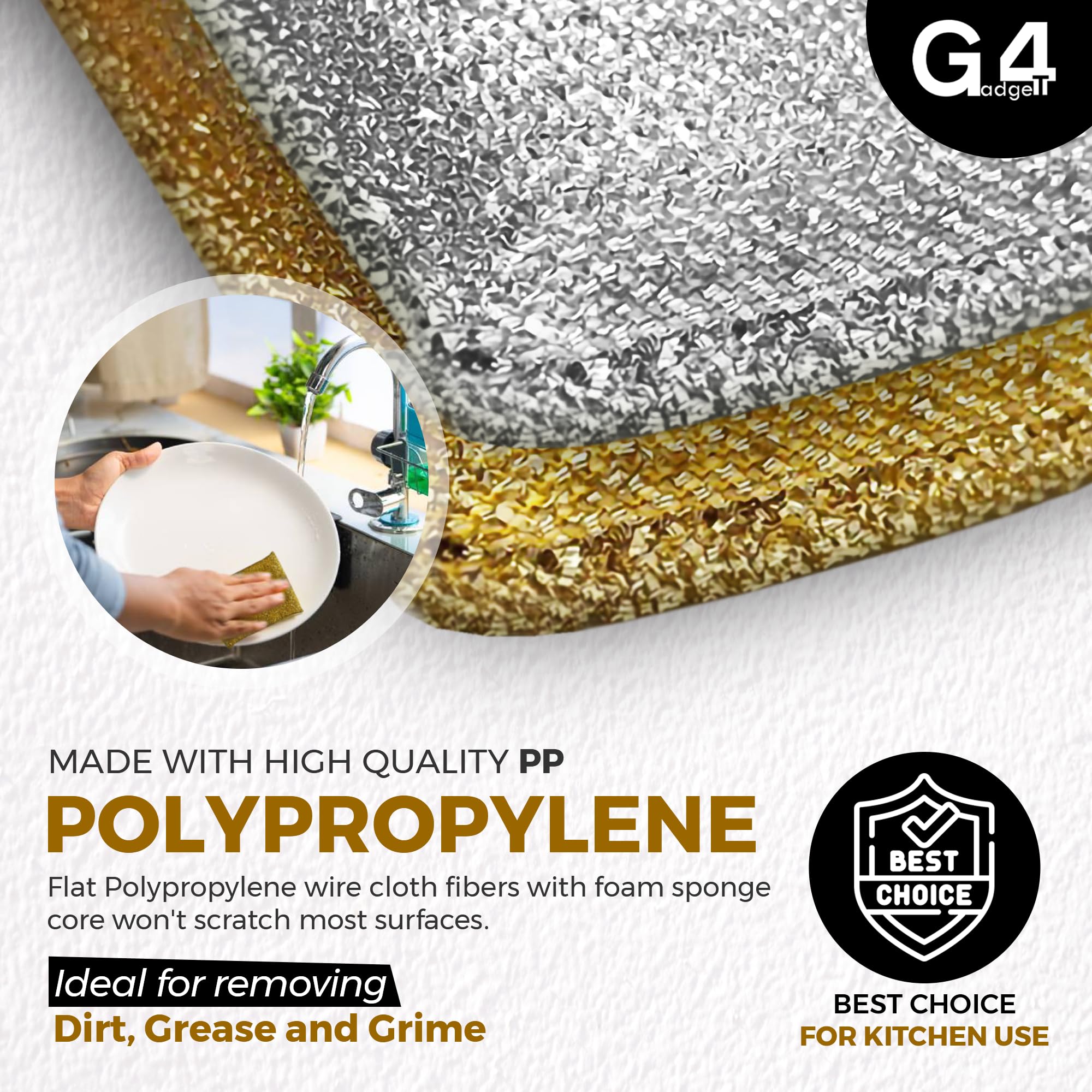 G4GADGET Metallic Scouring Pads - 6 Pack Non-Scratch Polypropylene Kitchen Scourer | Rust-Resistant 4