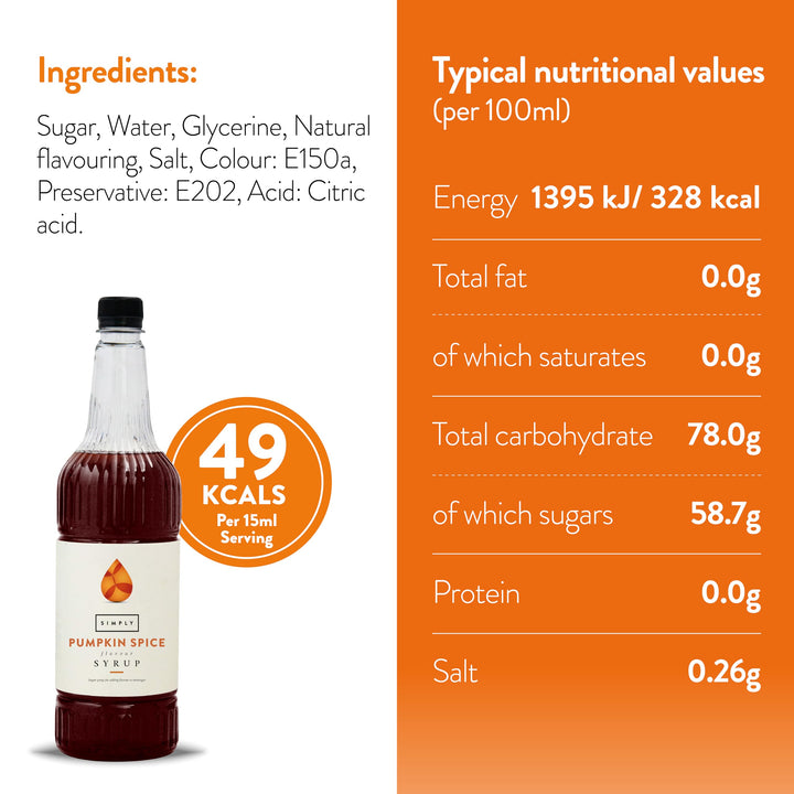 Simply Pumpkin Spice Syrup - Vegan & Nut Free Flavoured Syrup for Coffee, Cocktails, Baking 1L