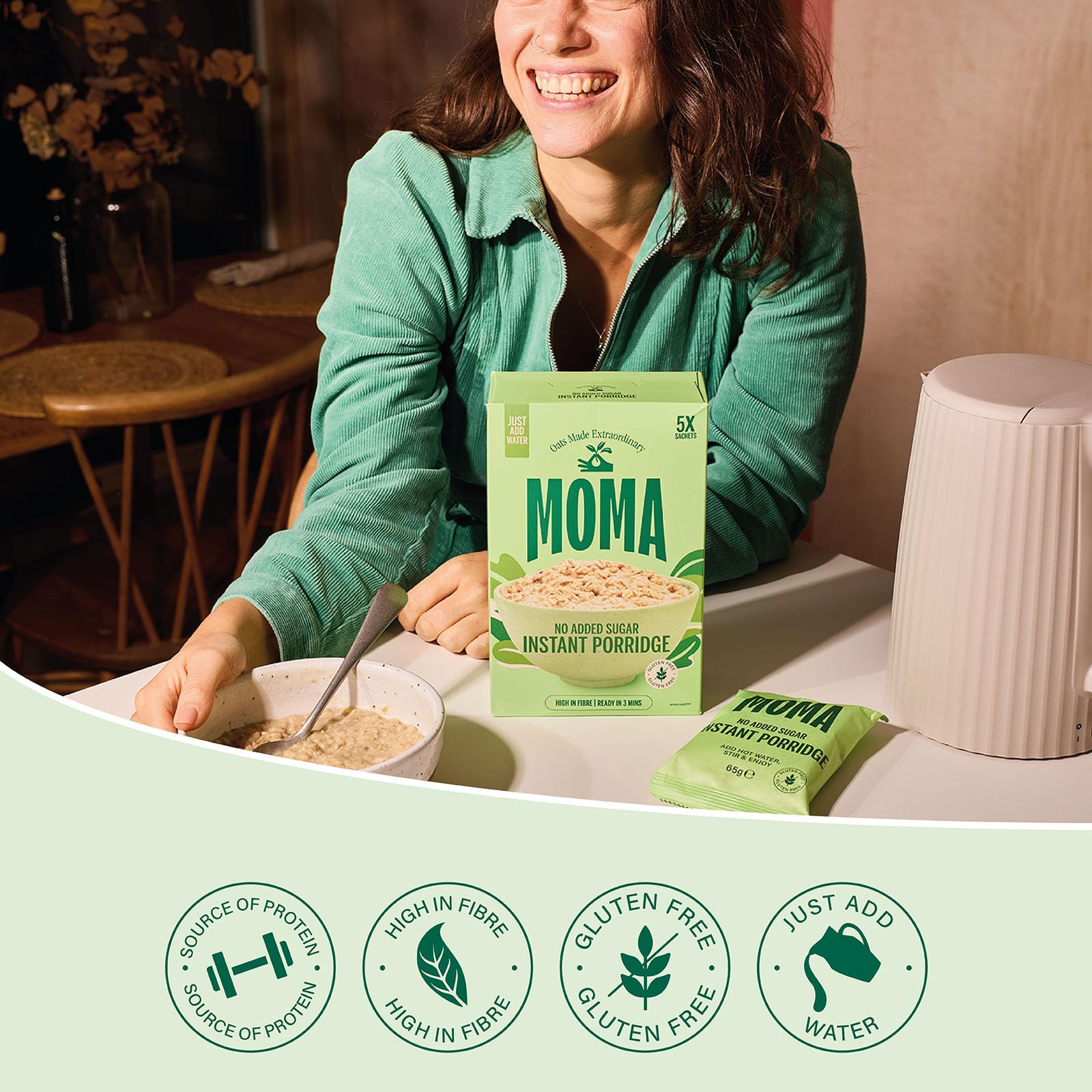 MOMA Foods Instant Porridge Plain No Sugar Sachets | 5 x 65g Wholegrain Oats 5