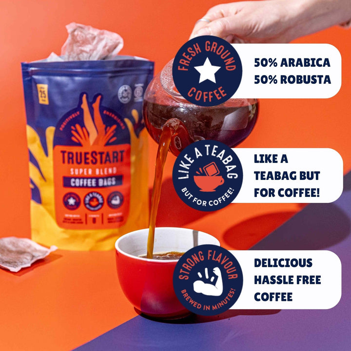 TrueStart Coffee Bags, Super Blend Strong – 25 Loose Bags, Mycotoxin-Free, Rich in Antioxidants, Gluten Free, Individually Wrapped & Resealable Pouch