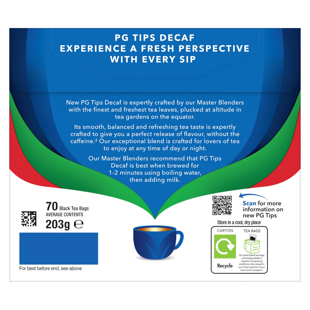 PG Tips Decaf Black Tea Bags Bulk - 70 Biodegradable Plant-Based Tea Bags