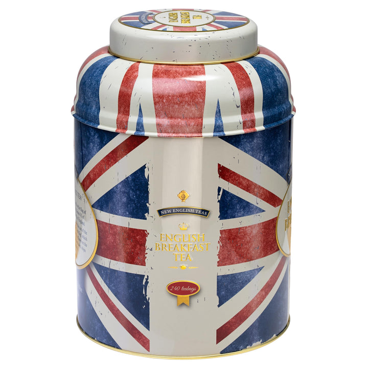 New English Teas Union Jack Large Round Tea Caddy with 240 English Breakfast Tea Bags