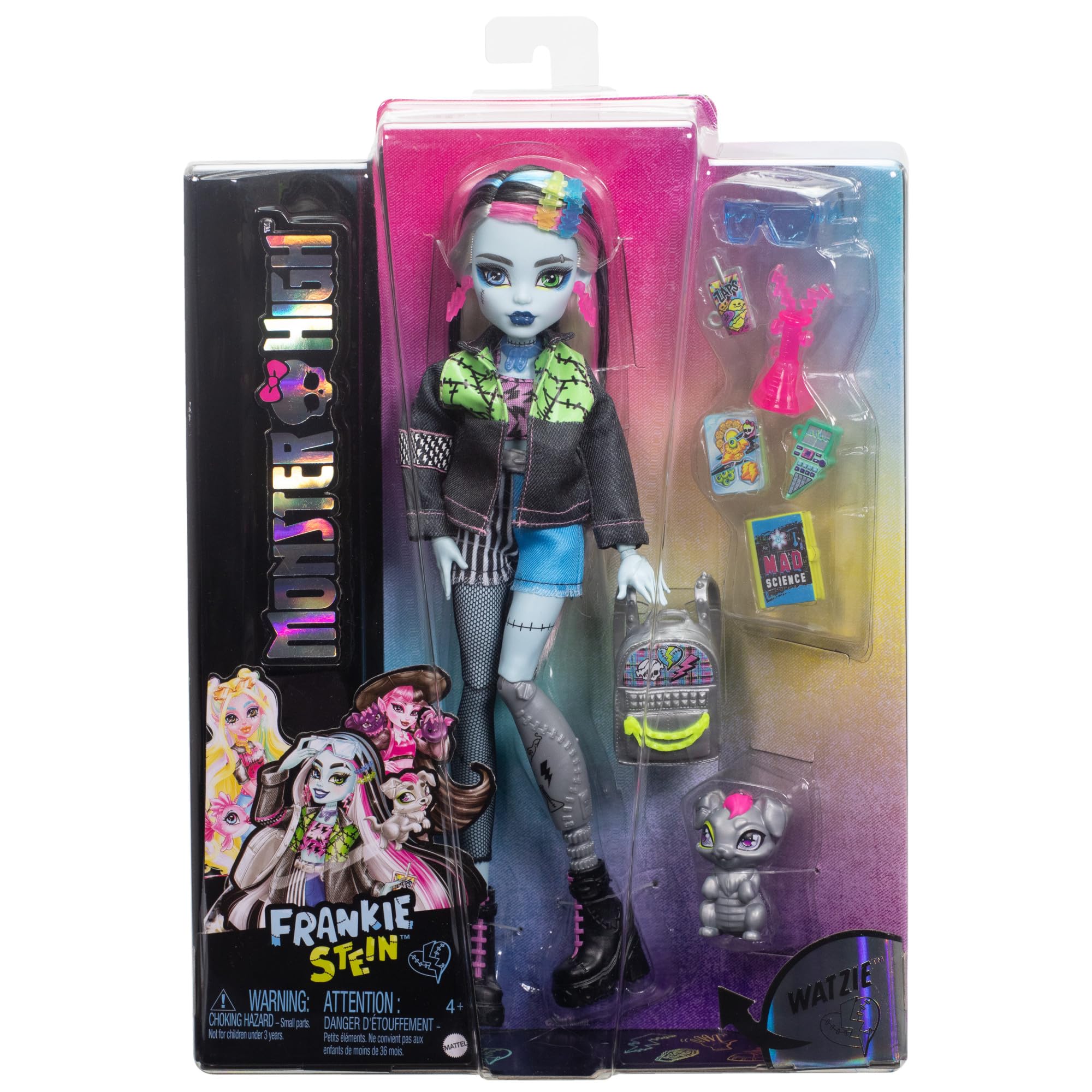 Monster High Frankie Stein Doll with Pet Watzie, Denim Outfit, Backpack, Notebook | Ages 4-18 | HXH73 6