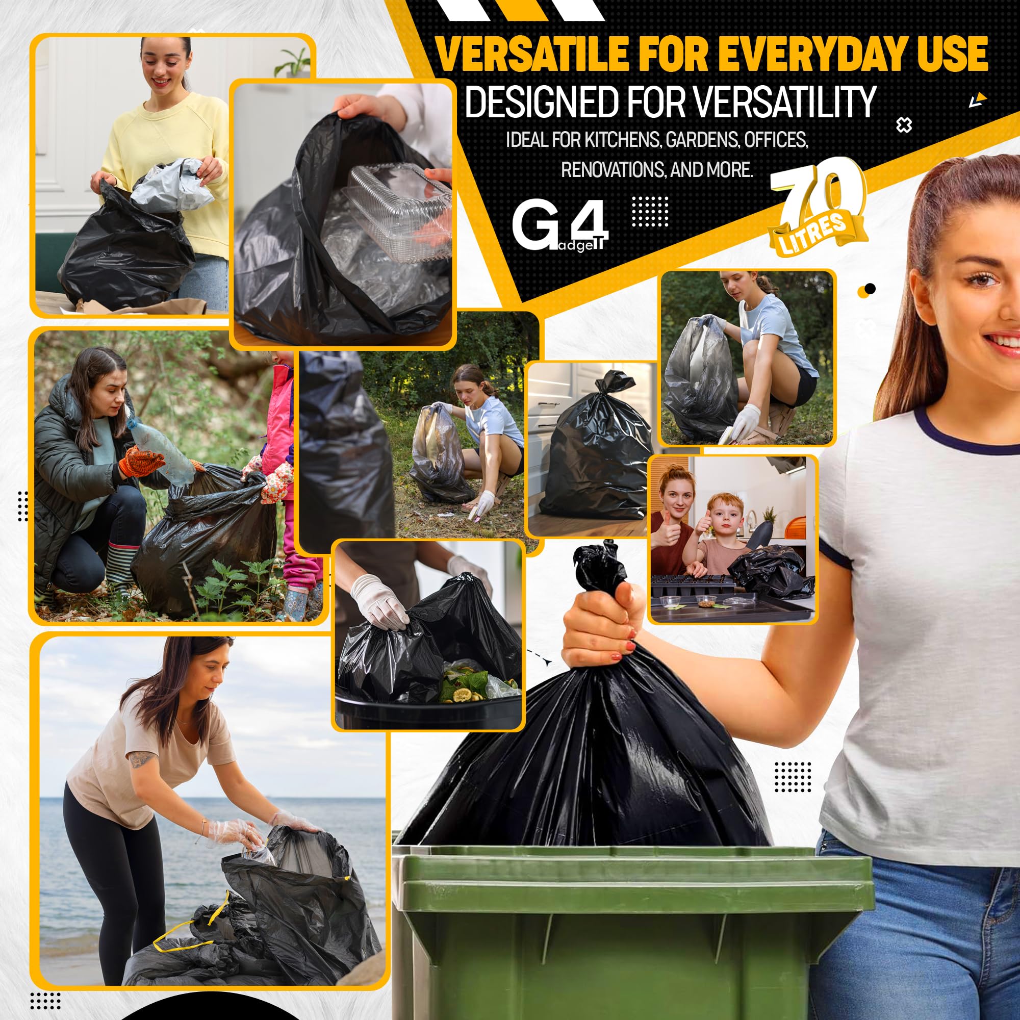 G4GADGET 70L Black Bin Bags - 50 Count Refuse Sacks for Heavy Loads | Recyclable Plastic 3