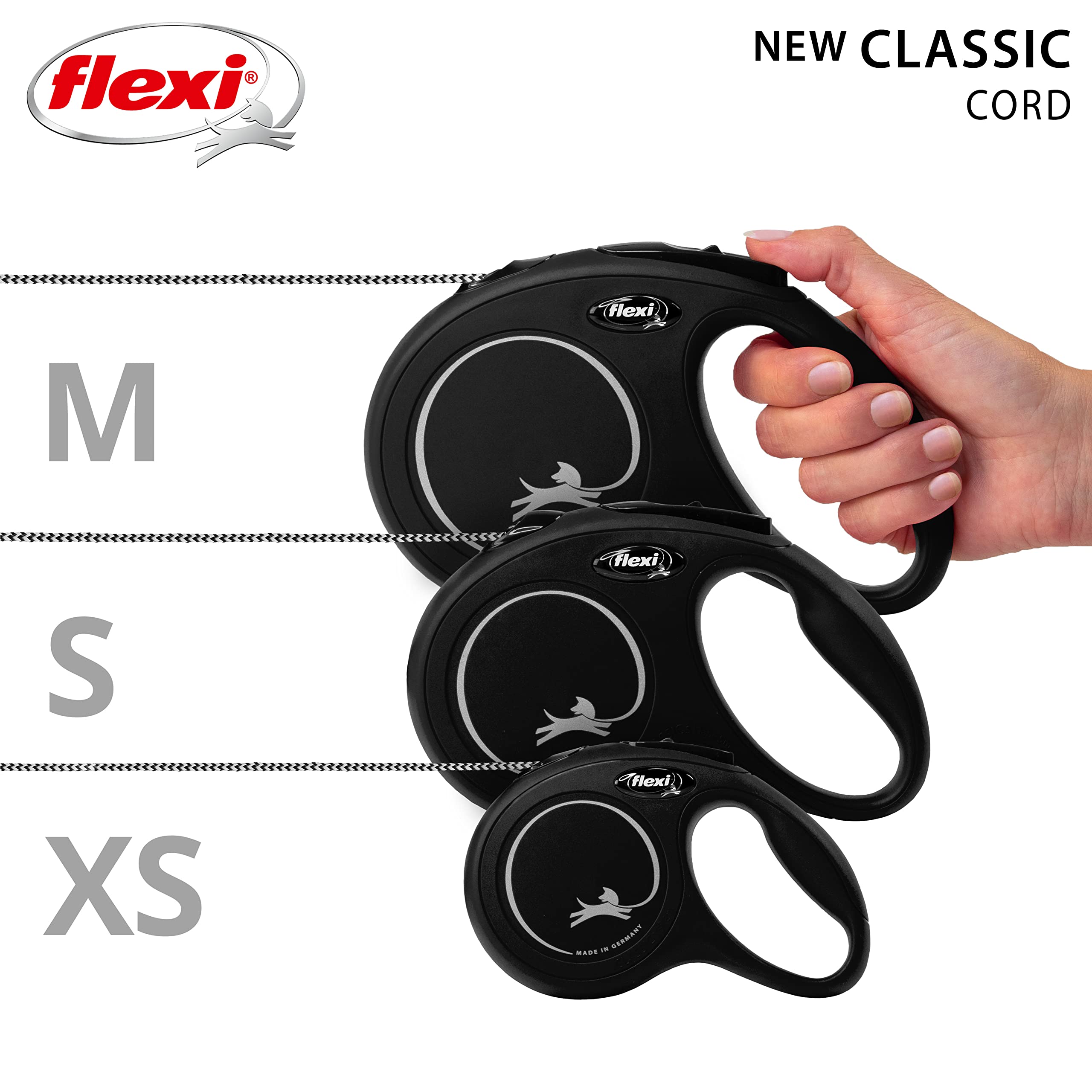 flexi New Classic Cord Black Small Retractable Dog Leash | 8m Length | Up to 12kg/26lbs 6