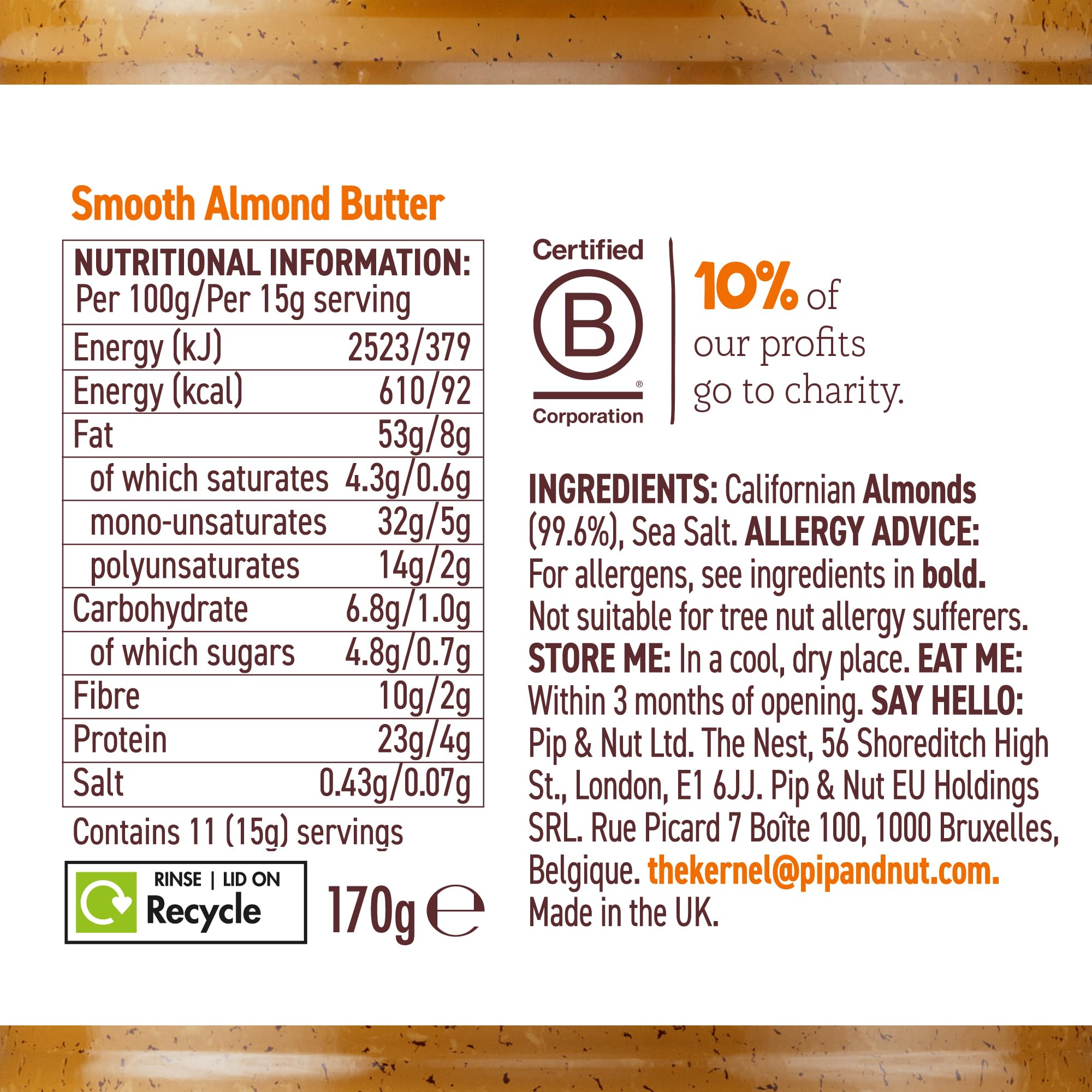 Pip & Nut Smooth Almond Butter - Natural Protein Source | 6 x 170g Pack | No Palm Oil 2
