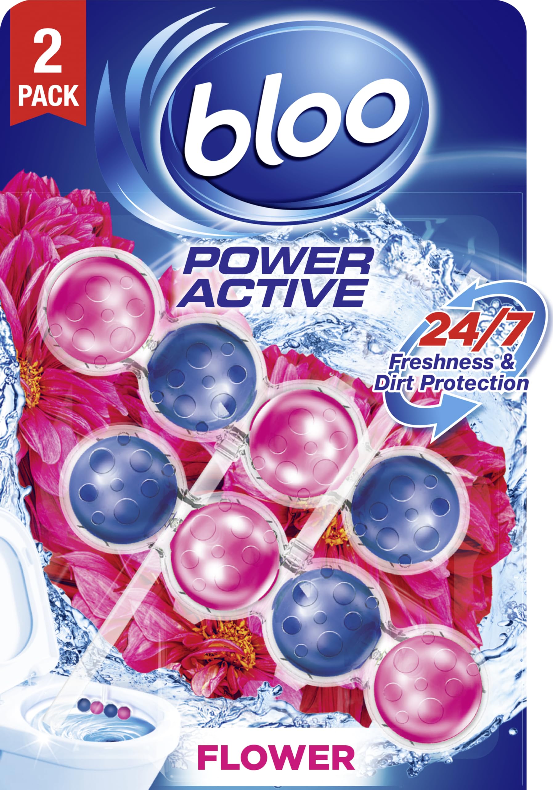 Bloo Power Active Toilet Rim Block Fresh Flowers, Anti-Limescale, 2 Count (Pack of 1) 1