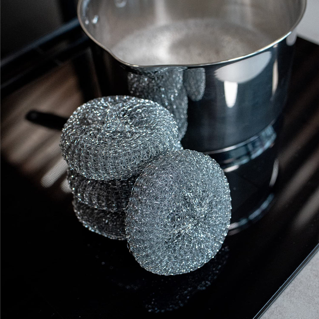 Sorbo Metal Pan Scourers 4 Pack - Metallic Steel Wool Pads for Tough Grease & Heavy-Duty Cleaning