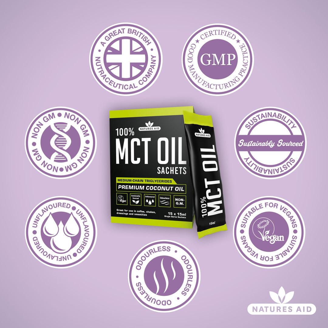 Natures Aid MCT Oil 15 x 15ml Sachets - 100% Pure Coconut Oil for Coffee, Smoothies, Shakes & Dressings - Vegan, Vegetarian, Sustainably Sourced