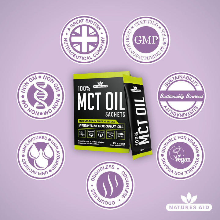 Natures Aid MCT Oil 15 x 15ml Sachets - 100% Pure Coconut Oil for Coffee, Smoothies, Shakes & Dressings - Vegan, Vegetarian, Sustainably Sourced