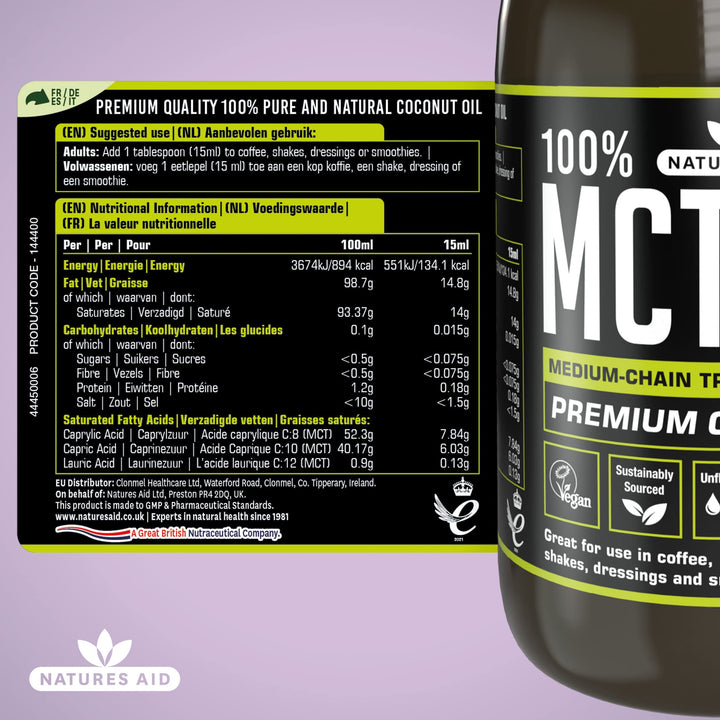 Natures Aid 100% MCT Oil 500ml - Premium Coconut MCT - Keto Friendly - Vegan, Non-GMO, Gluten-Free