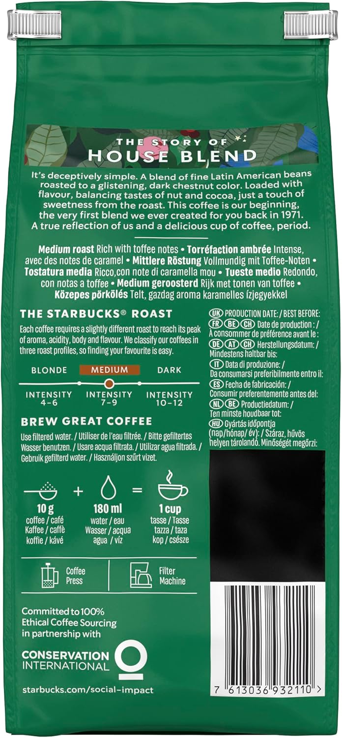 STARBUCKS House Blend Medium Roast Ground Coffee 200g (Pack of 6)