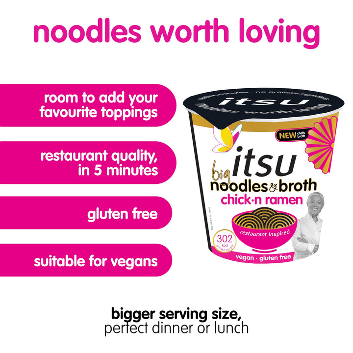 Itsu Big Chickn Ramen Instant Noodles & Broth Pot 93g - Pack of 4 | Gluten Free | Vegan | Quick-to-Make Japanese Style Noodles