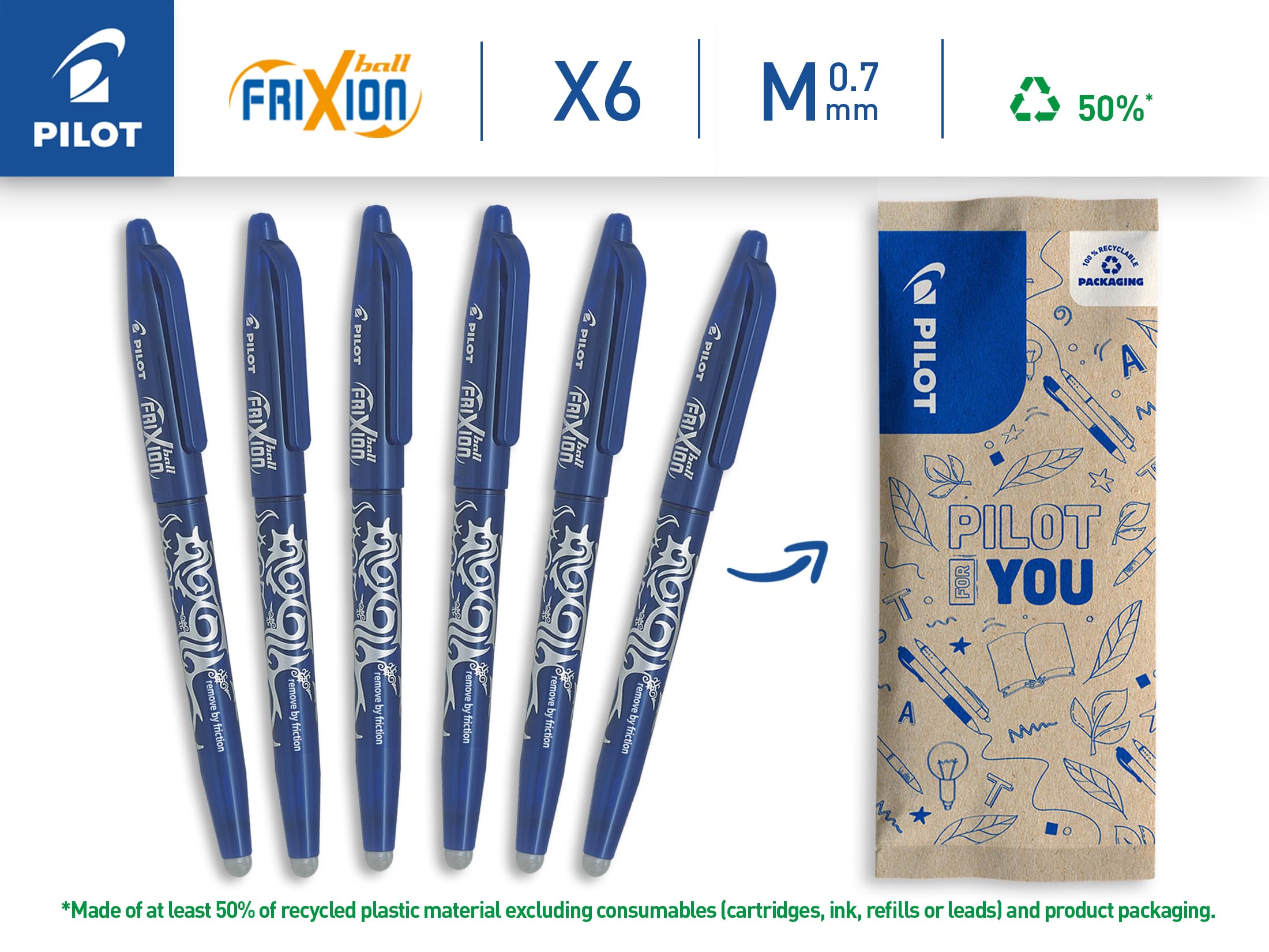 PILOT FriXion Ball Erasable Rollerball Pen - 0.7mm Tip, Blue Ink | 6 Count Pack 2