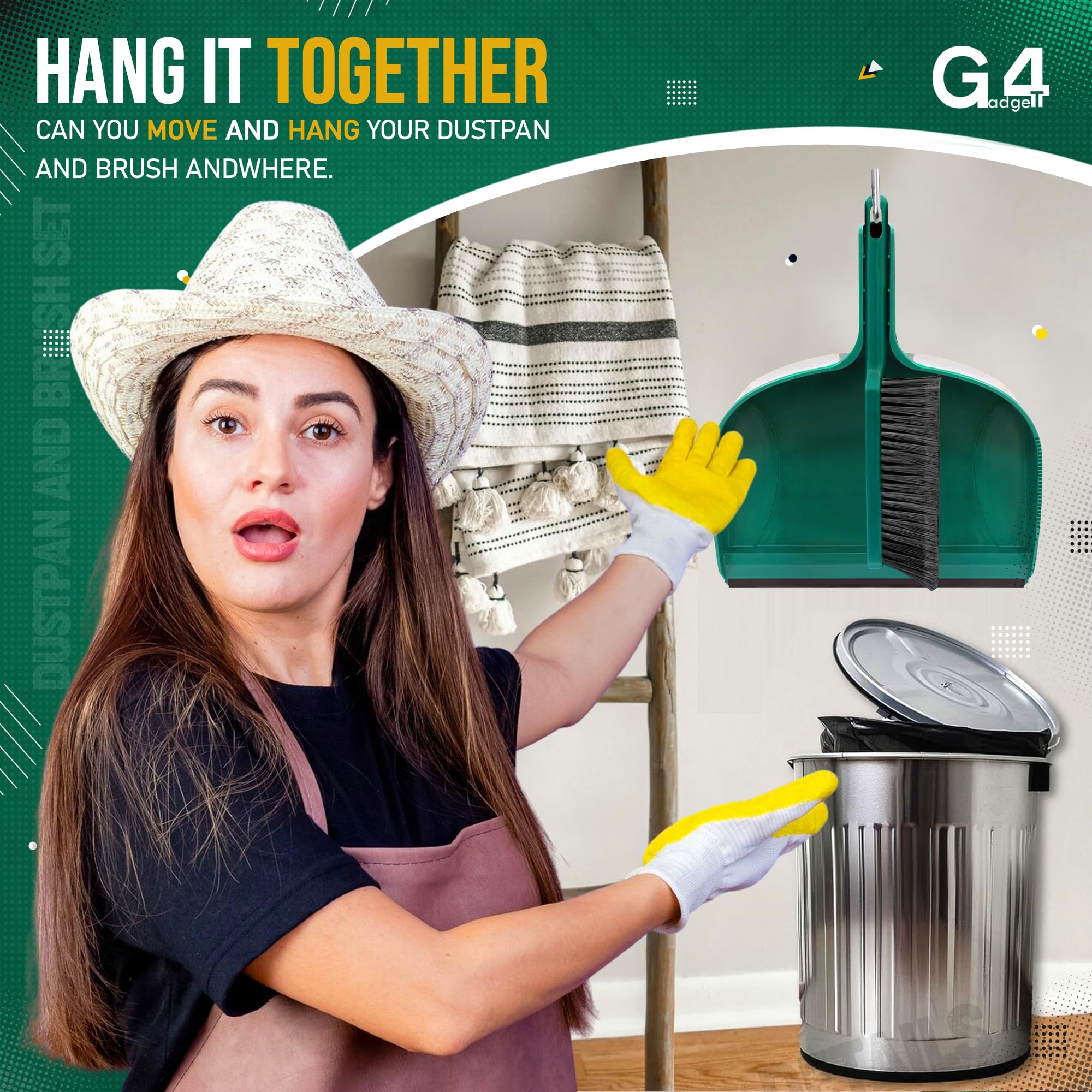 G4GADGET Heavy Duty Jumbo Dustpan and Brush Set - Large Size, Clip-On Storage | Green