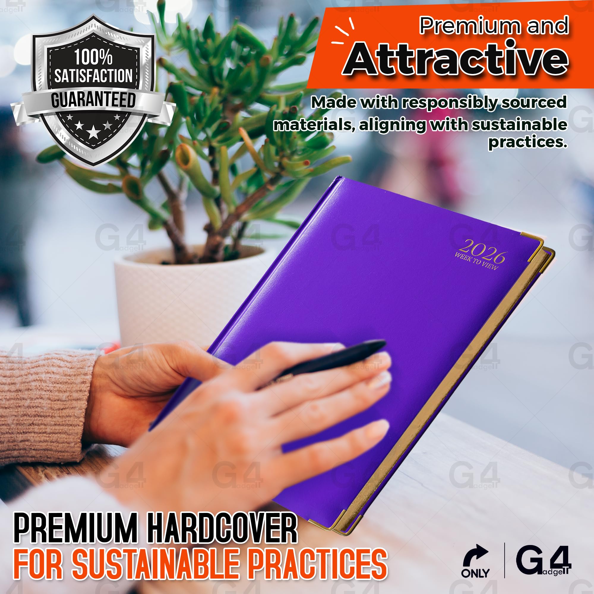 G4GADGET 2026 A5 Week to View Diary - Purple Hardback with Gilt Edges 3