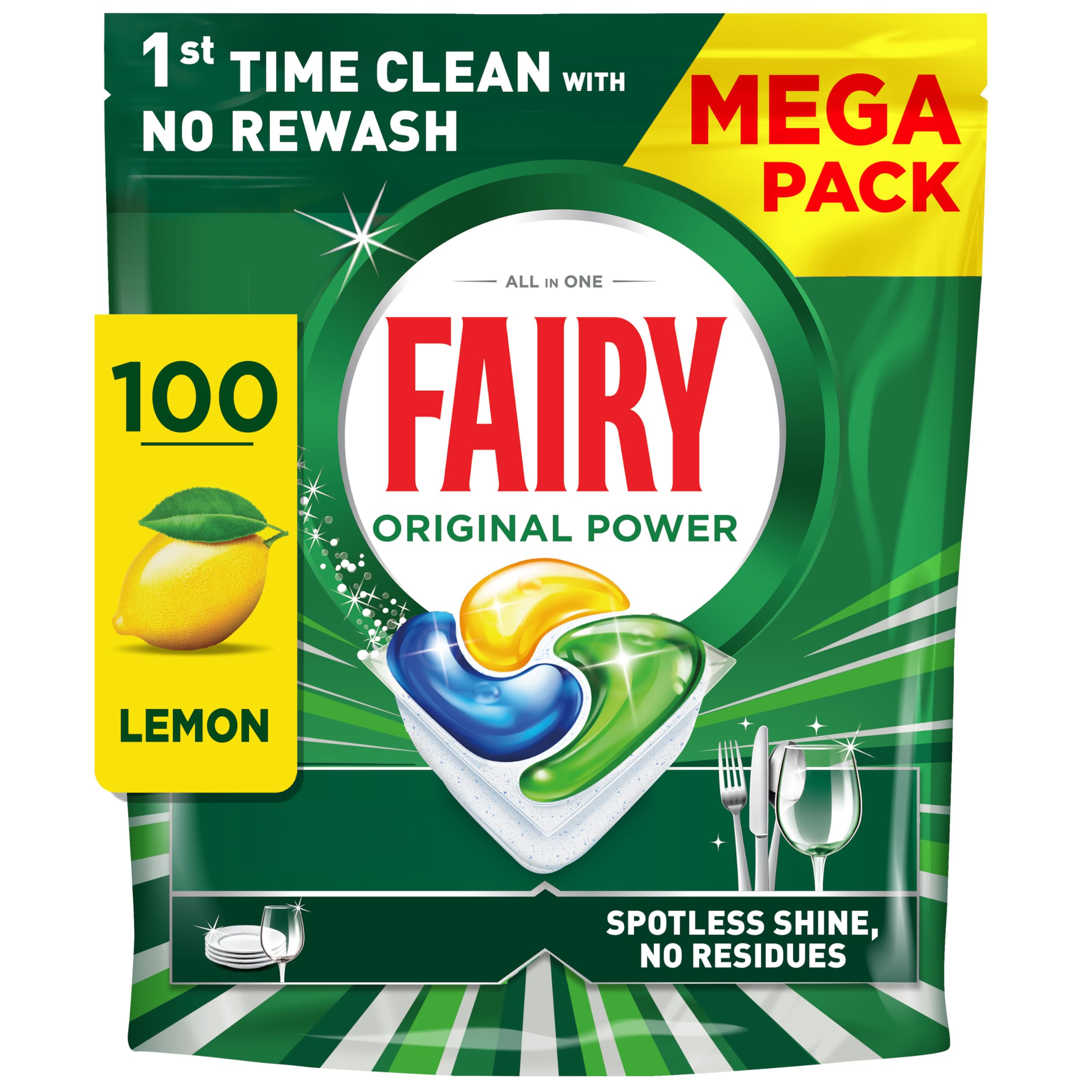 Fairy Original Power Dishwasher Tablets Lemon, 100 Count, 1st Time Clean