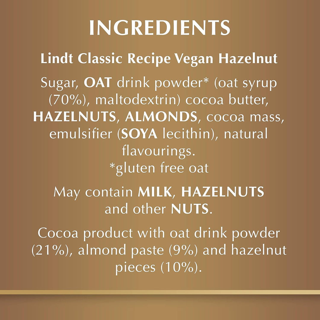 Lindt Vegan Chocolate Bar with Hazelnut, Almond & Oat Drink Powder, 100g