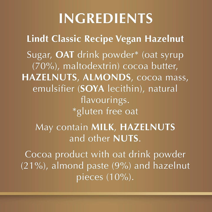 Lindt Vegan Chocolate Bar with Hazelnut, Almond & Oat Drink Powder, 100g