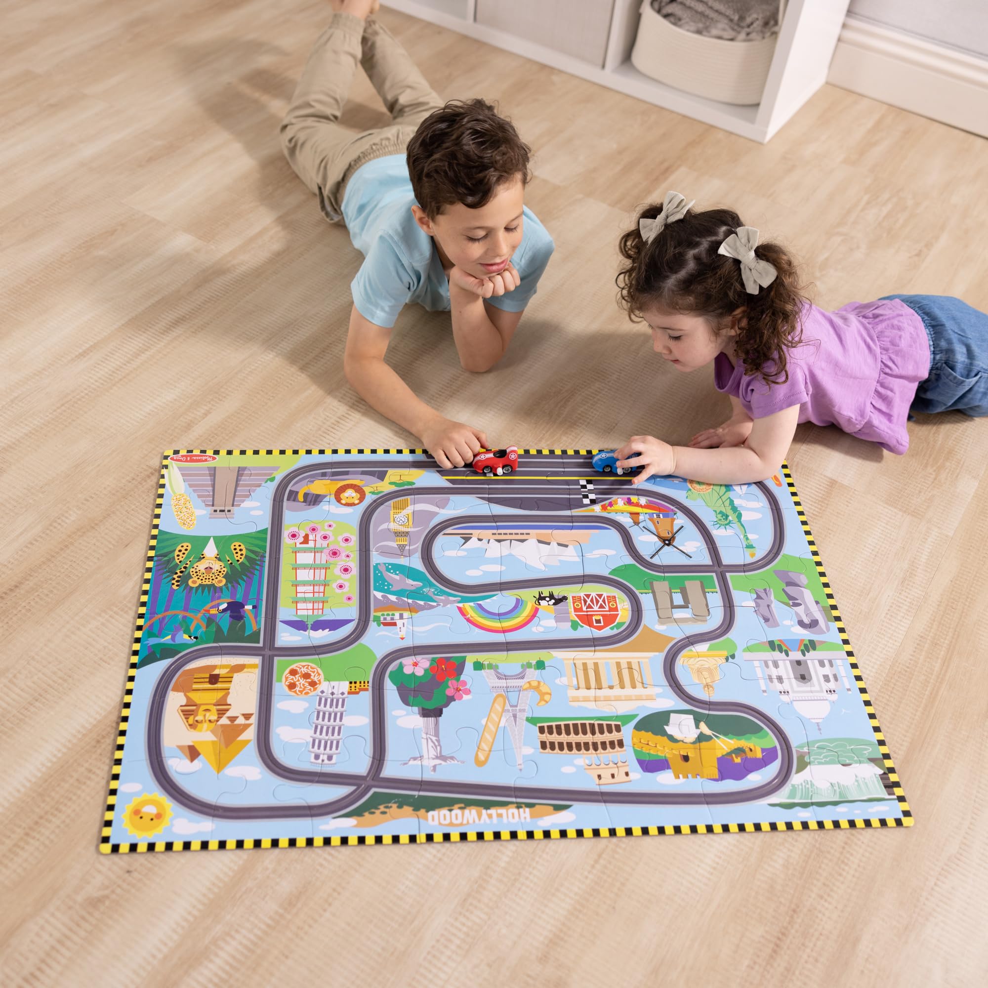 Melissa & Doug Race Around the World Floor Puzzle - 48 Pieces, Includes 2 Wind-Up Vehicles | Ages 3+ 2