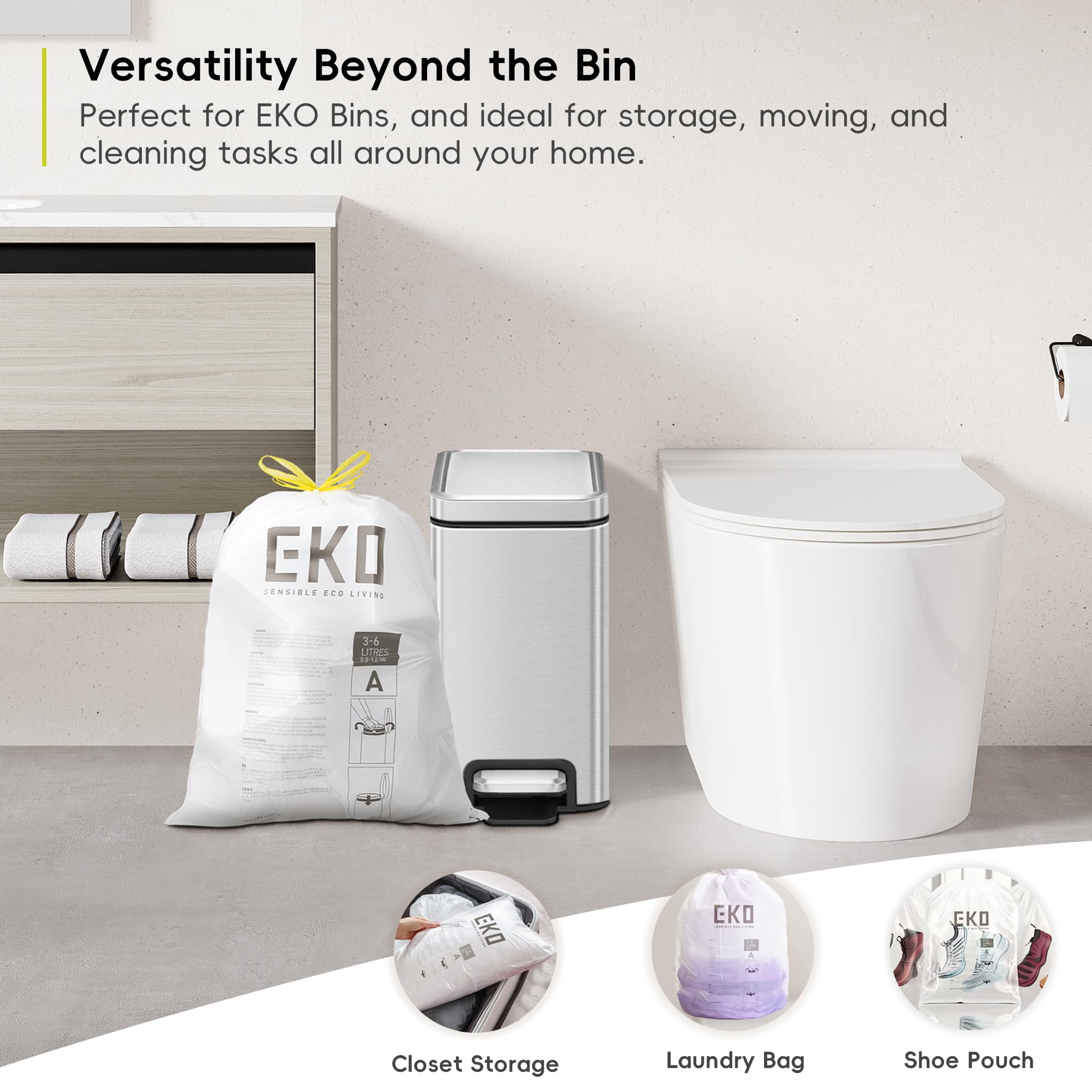 EKO Extra Strong Heavy Duty Bin Liners - 3-6 Litre Capacity, White, 30 Count Drawstring Bags 9