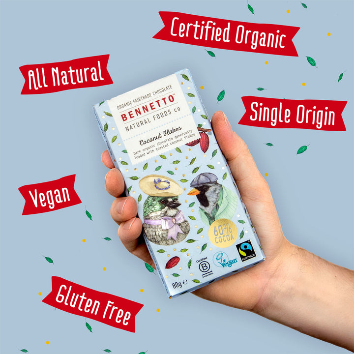 Bennetto Organic Dark Chocolate with Toasted Coconut Flakes - 90g Fairtrade Bar