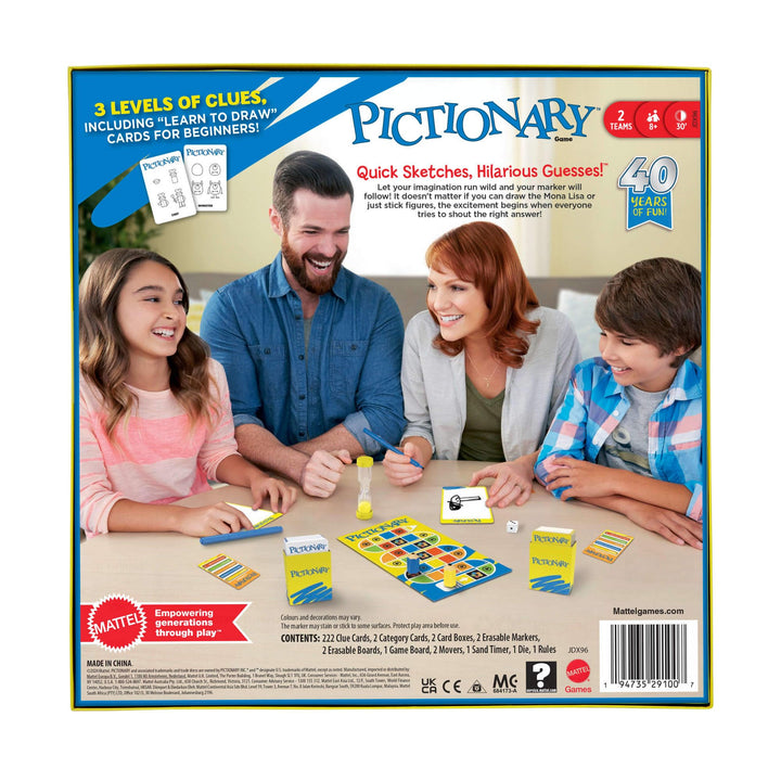 Mattel Games Pictionary Family Board Game for Kids and Adults with Erasable Markers, Boards, Sand Timer, JDX96