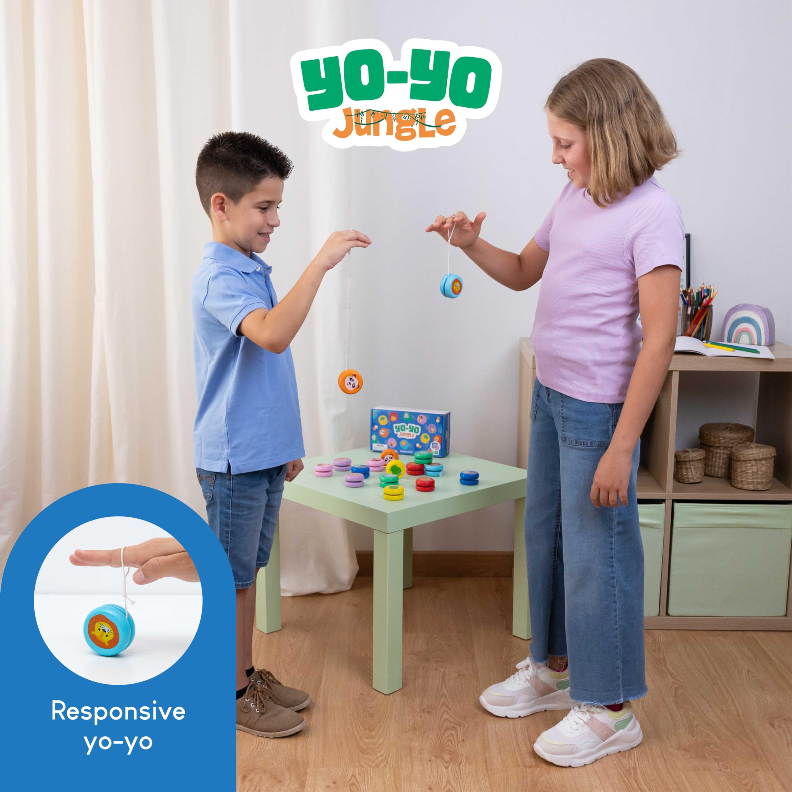 BONNYCO Wooden Yo-Yos - Pack of 16 | Jungle Animal Designs | Party Bag Fillers for Kids Ages 3+ 4