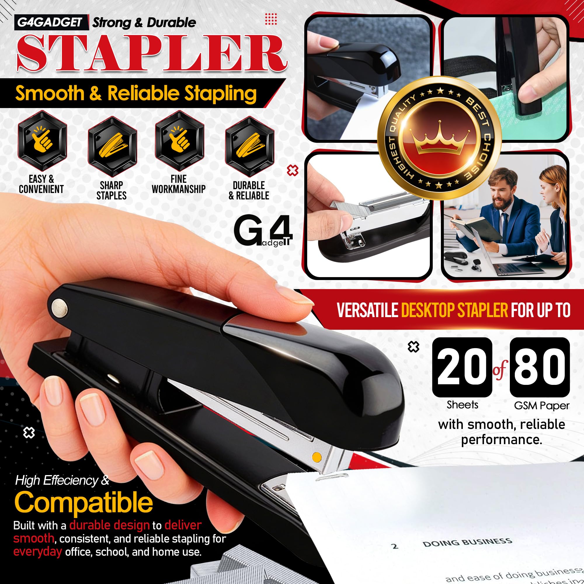 G4GADGET Repesco Black Stapler-12 - 20 Sheet Capacity | Stainless Steel Desktop Stapler 2
