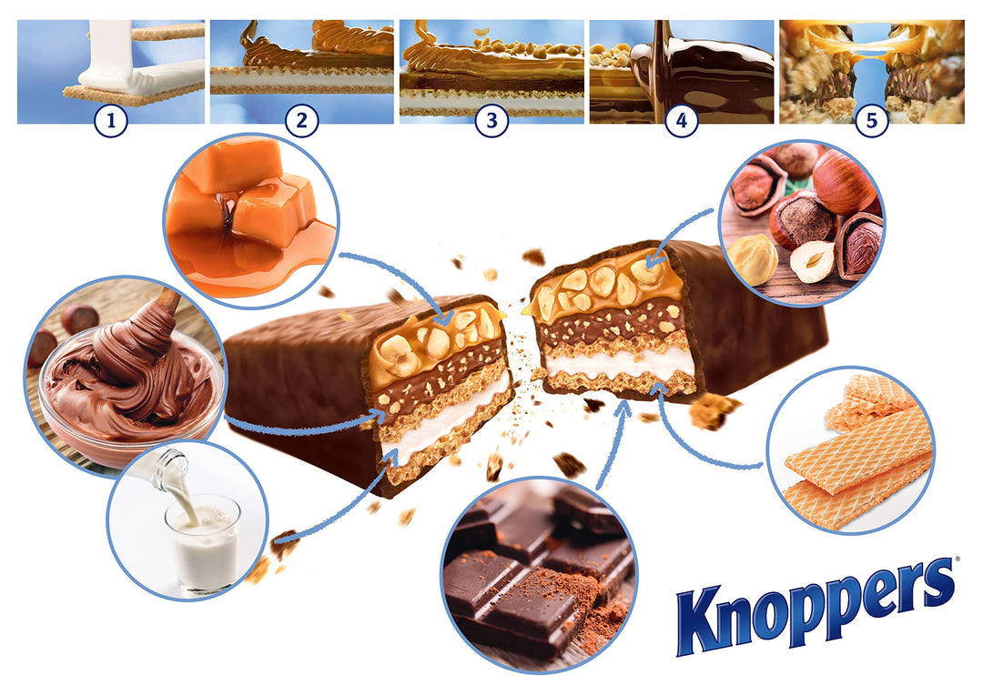 Knoppers Chocolate Hazelnut Nut Bar, 24-Pack Individually Wrapped Snack Bars with Wafer, Caramel & Hazelnuts