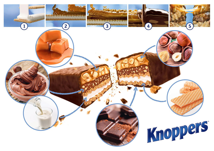 Knoppers Chocolate Hazelnut Nut Bar, 24-Pack Individually Wrapped Snack Bars with Wafer, Caramel & Hazelnuts