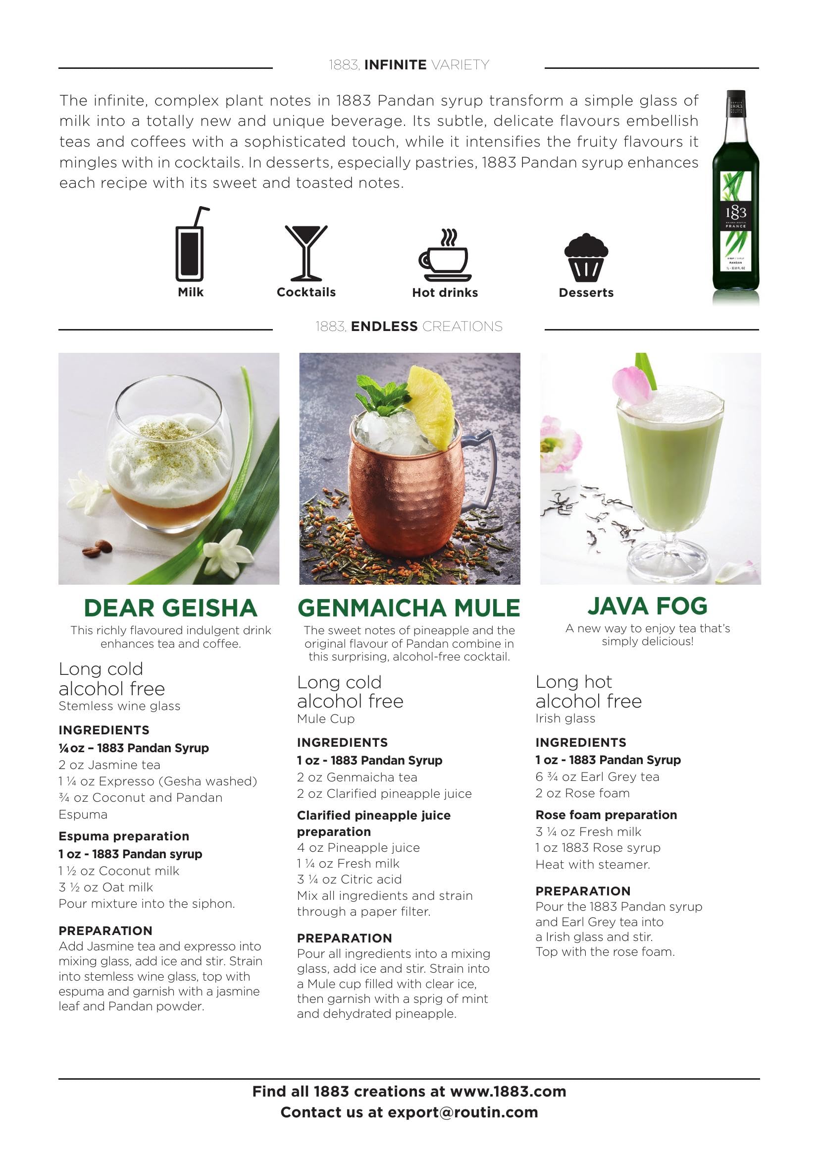 1883 MAISON ROUTIN Pandan Syrup - Aromatic Flavor for Lattes, Cocktails & Desserts | 1 L 3