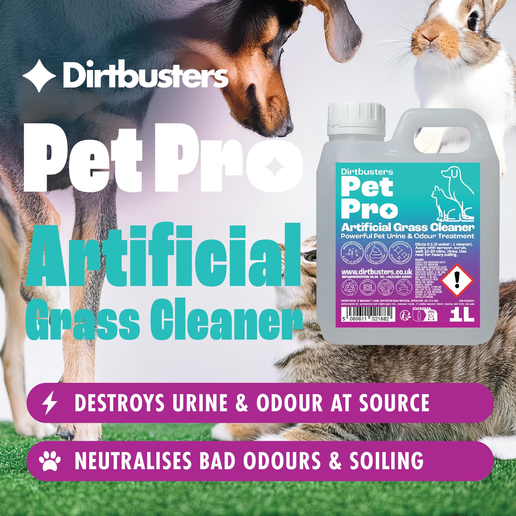 Dirtbusters Pet Pro Artificial Grass Cleaner - 3-in-1 Formula, Fresh Cut Grass Scent | 1 Litre Concentrate 3