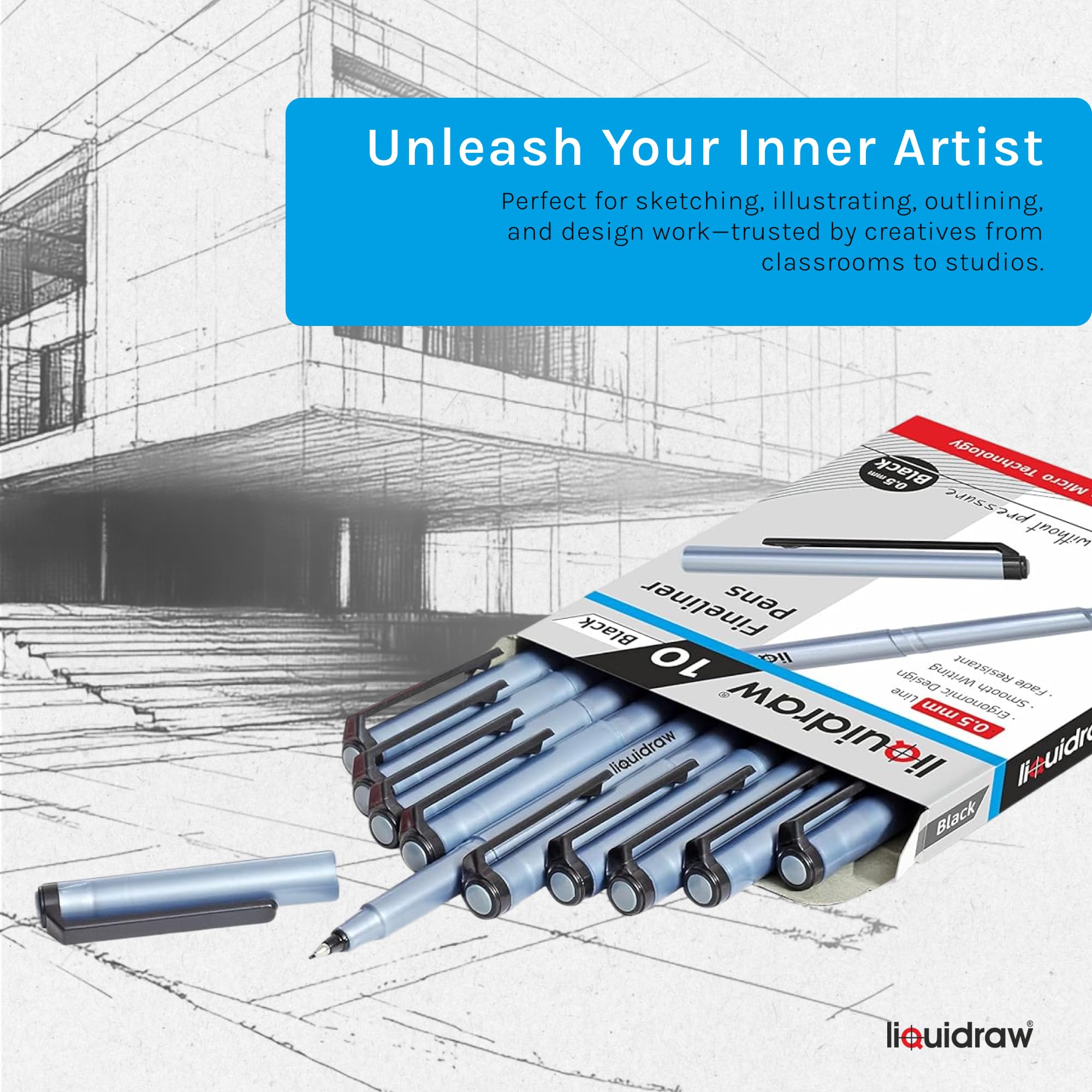 Liquidraw Fineliner Pens Set - 10 Pack Black Ink | 0.5mm Fine Point | Fade Resistant 3