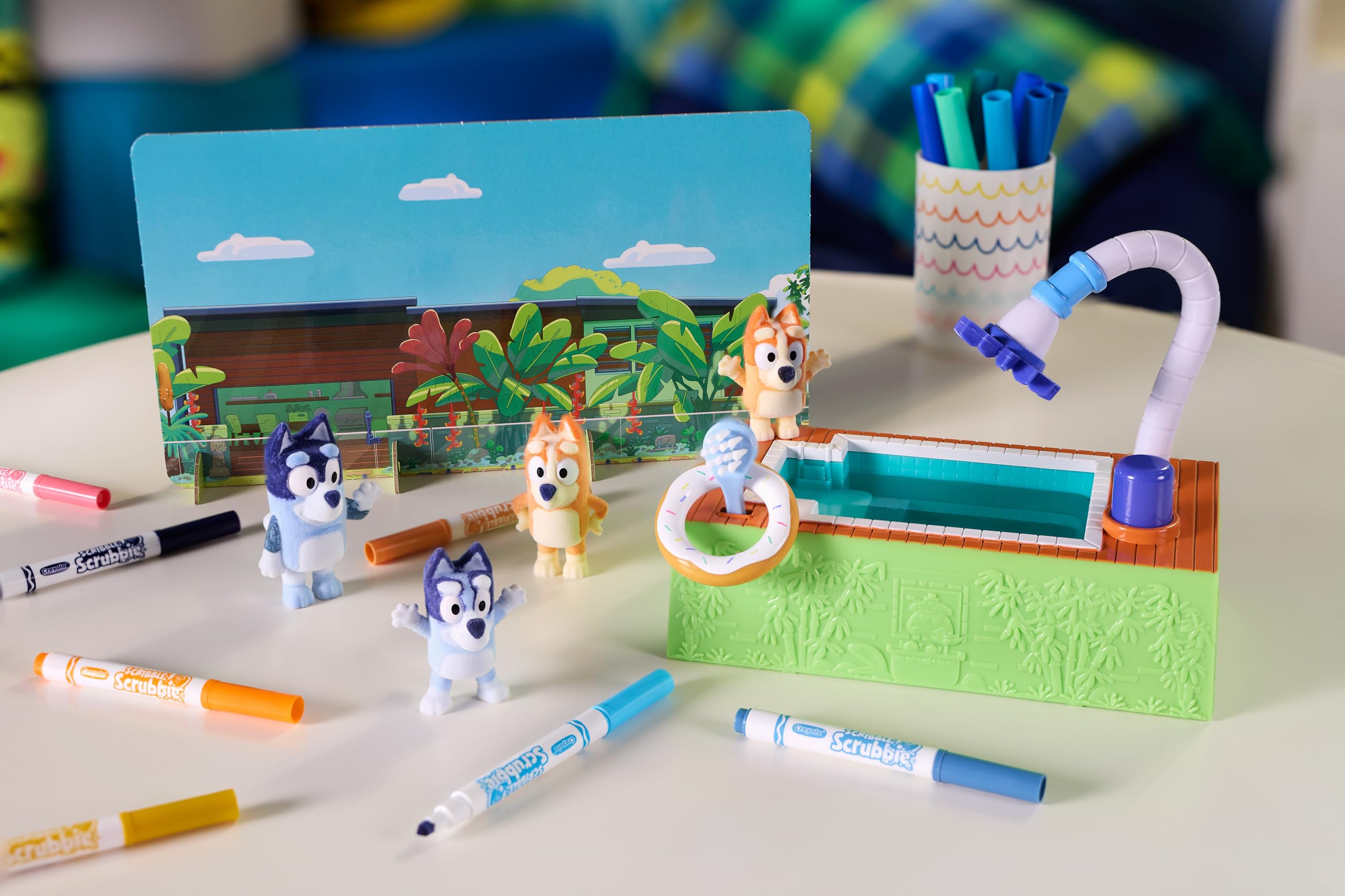 Crayola Scribble Scrubbies Bluey Poolside Playset - 4 Washimals, Includes Bluey Characters, Washable Markers