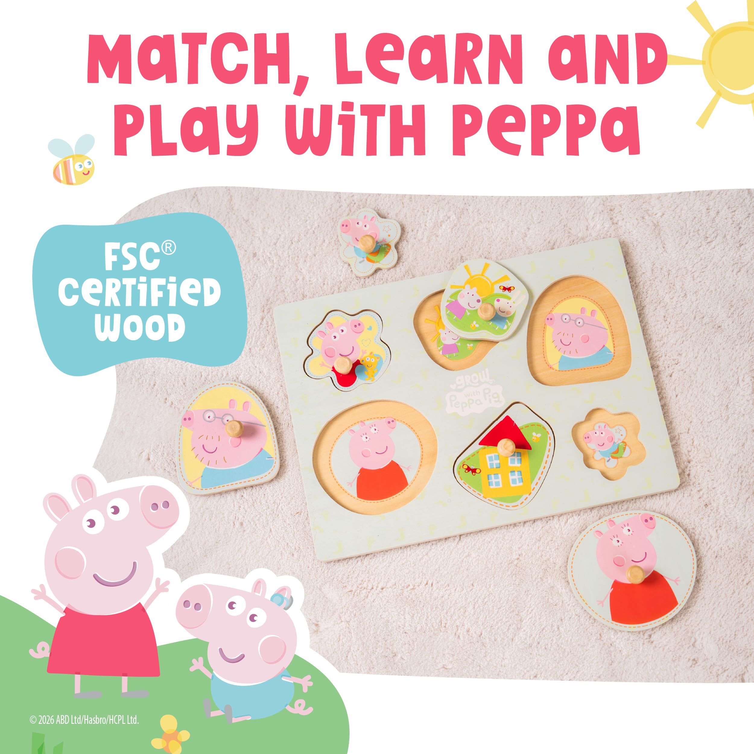 Peppa Pig Wooden Puzzle for Toddlers 12+ Months with Easy-Grip Handles | 6 Shapes 2