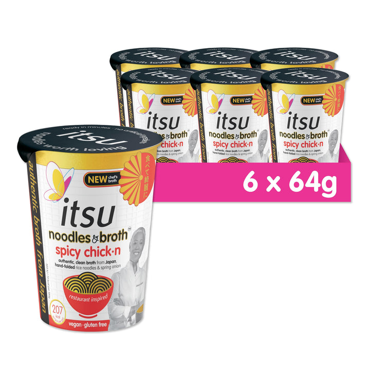 Itsu Spicy Chickn Instant Noodles & Broth Pot 64g - Pack of 6 | Gluten Free | Vegan | Quick 5-Minute Meal