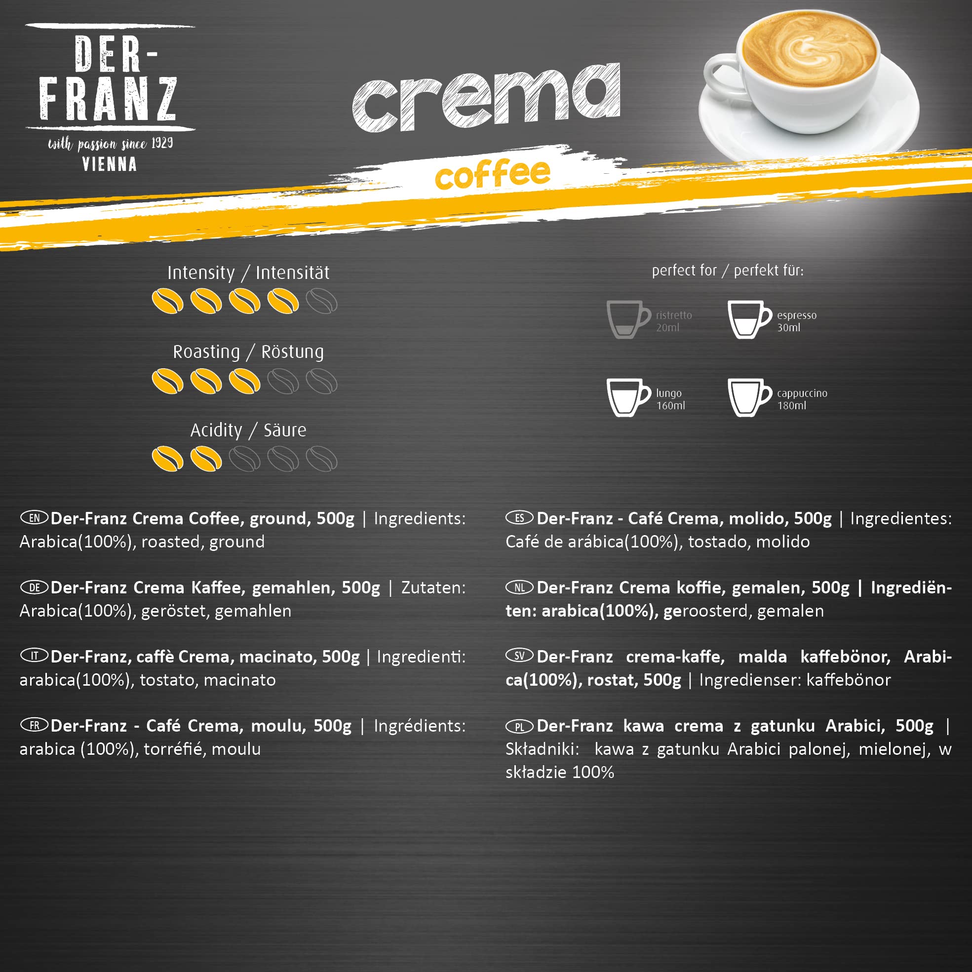 Der-Franz Crema Ground Coffee - 100% Arabica Blend | Intensity 4/5 | 2 x 500g Pack 3