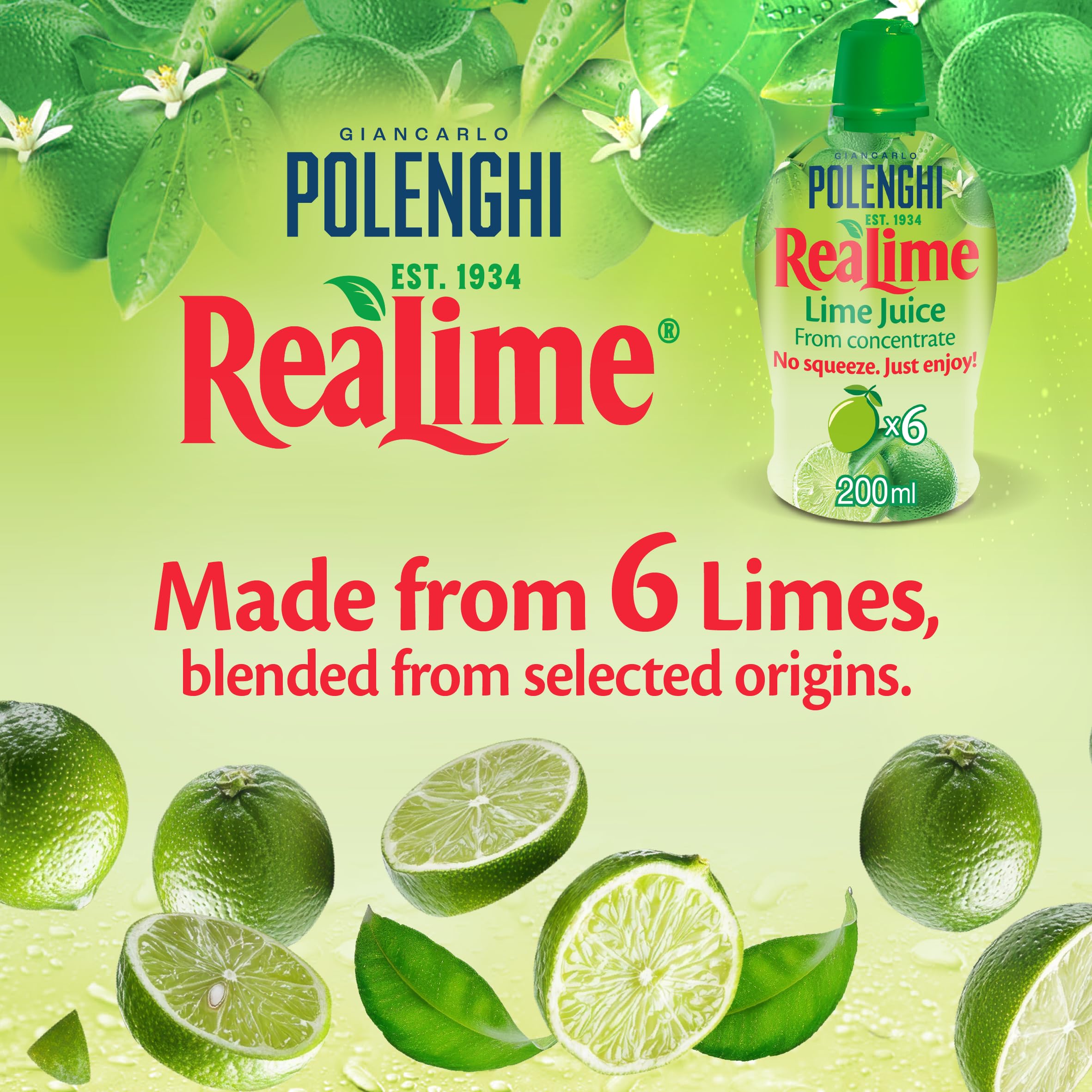 GIANCARLO POLENGHI ReaLime Lime Juice - 6 x 200ml Pack | Ready to Use | For Cooking & Drinks