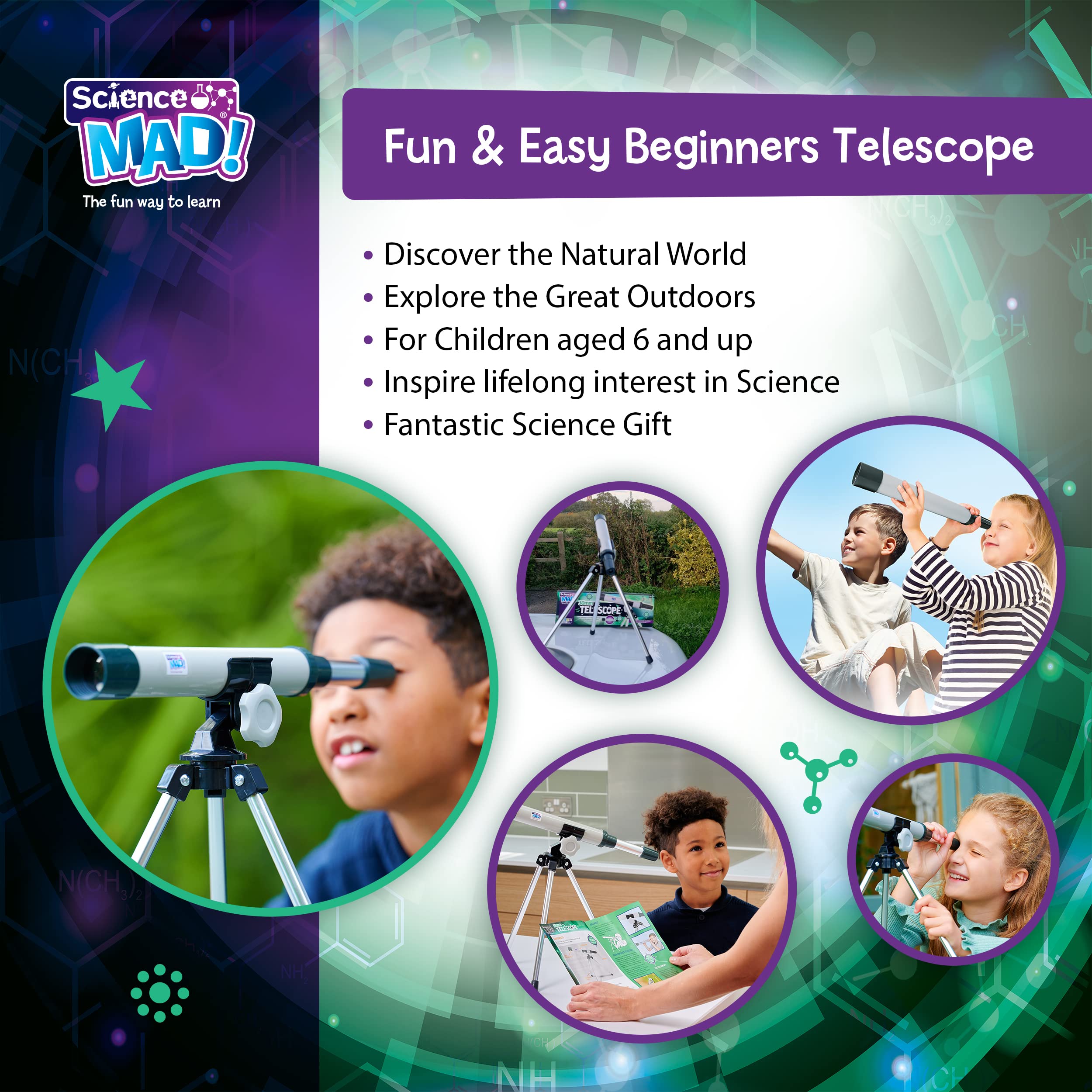 Science Mad 30mm Telescope - 15x Magnification | Ages 6+ | Includes Tripod 2