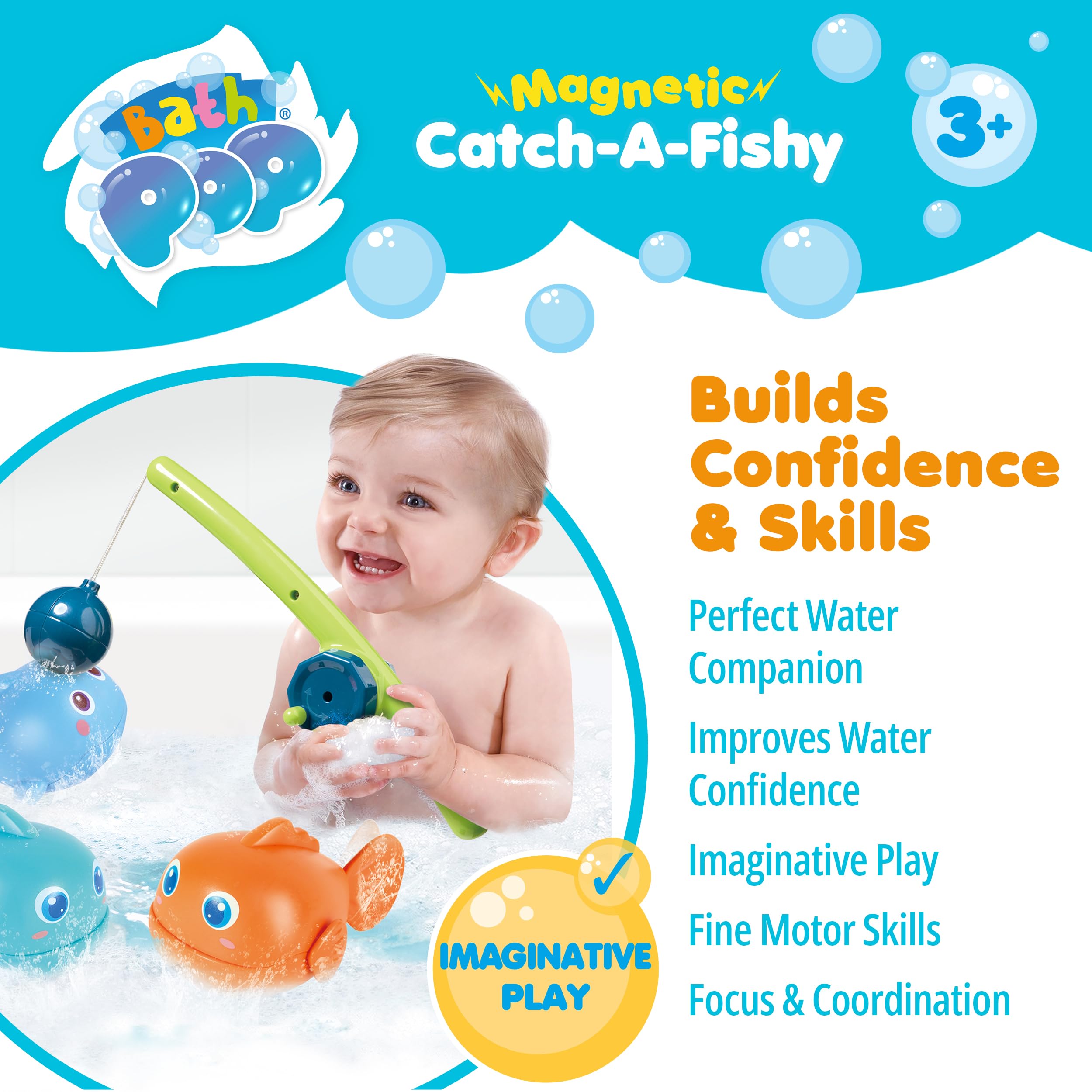 Bath Pop Magnetic Catch A Fishy Set - Floating Magnetic Fishing Game | 3 Wiggling Fish | Ages 3+ 7
