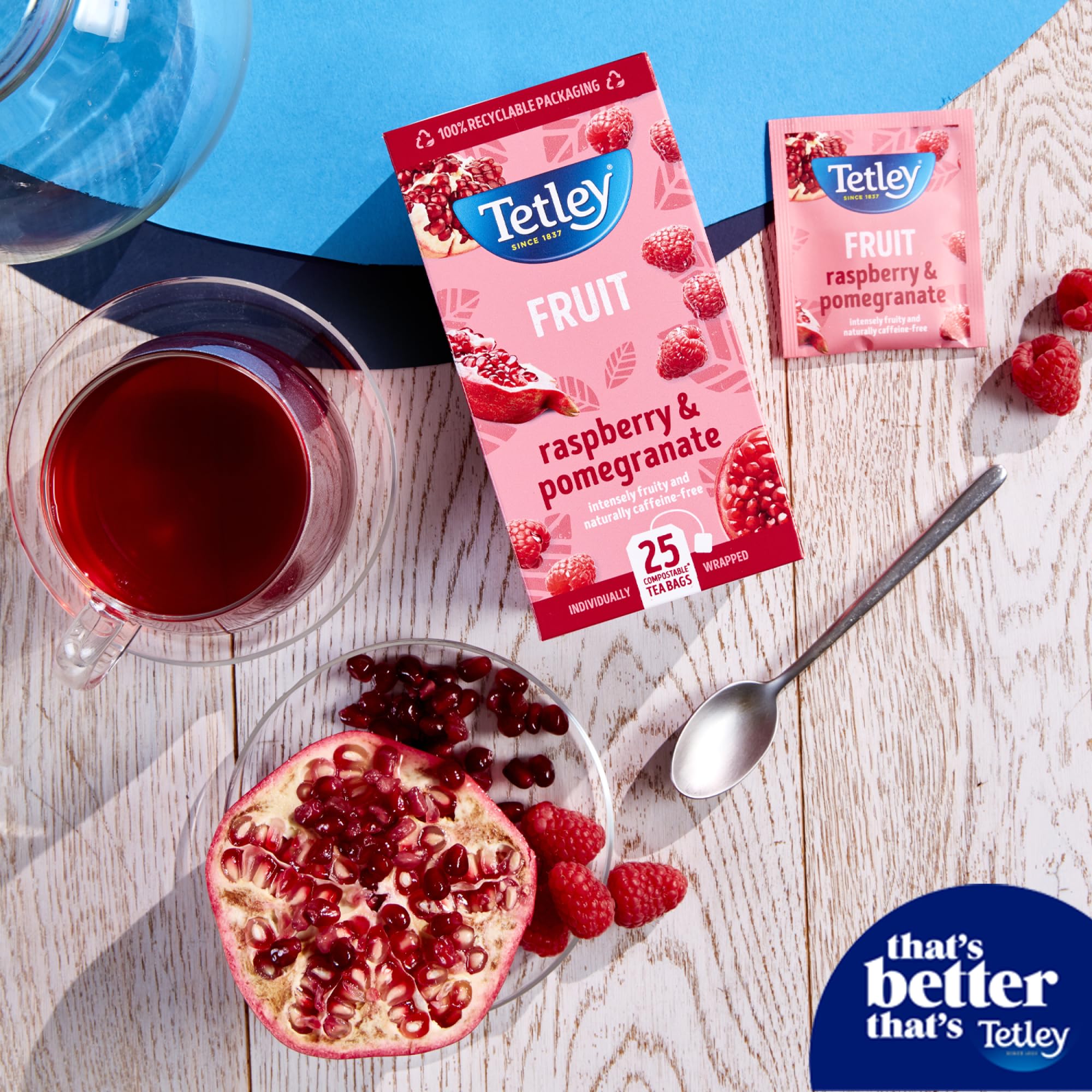 Tetley Raspberry & Pomegranate Herbal Tea Bags - Naturally Caffeine-Free | 25 Count | 300g