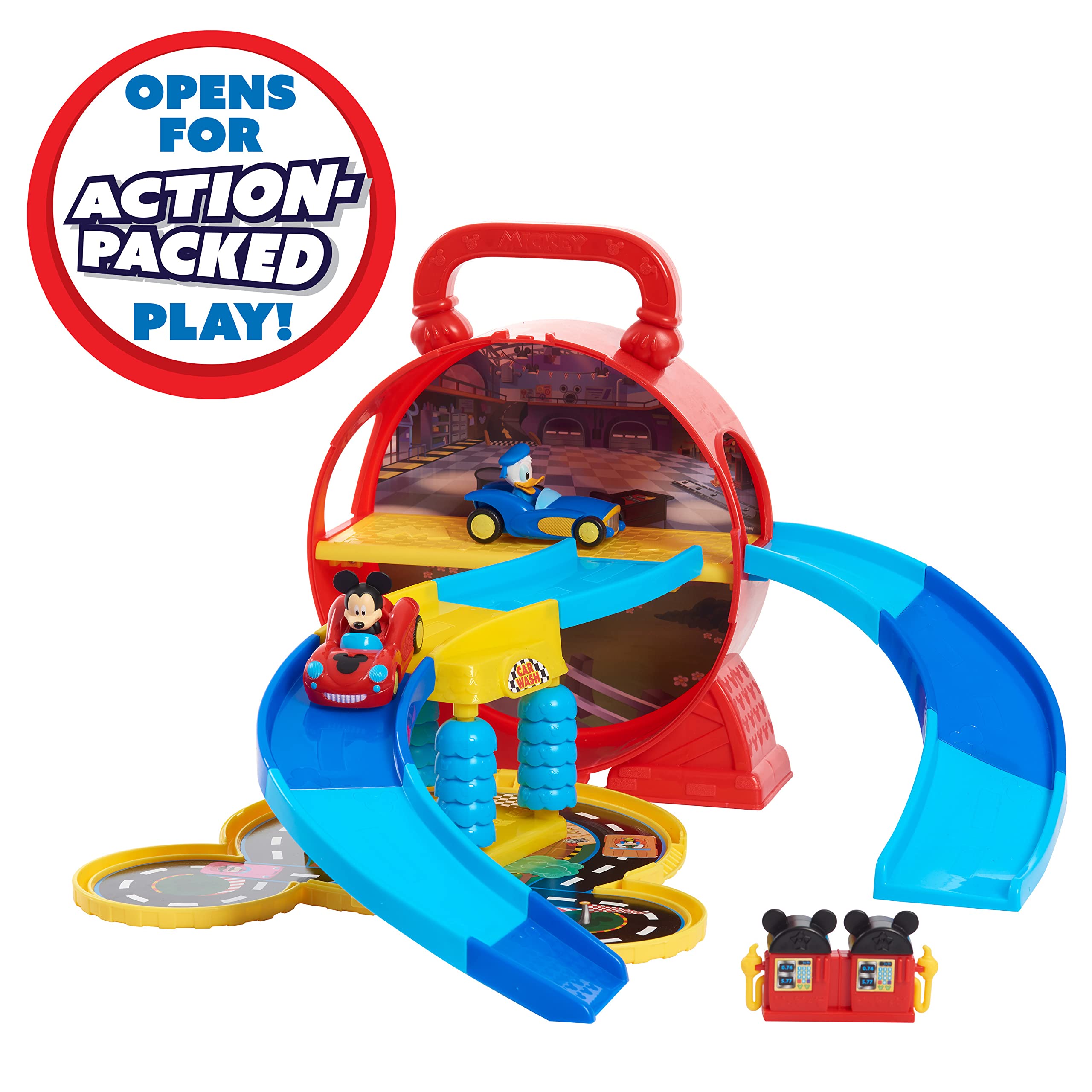 Disney Mickey Mouse Stow ’n Go Garage Playset with 2 Diecast Vehicles | Portable | Ages 3+ 4