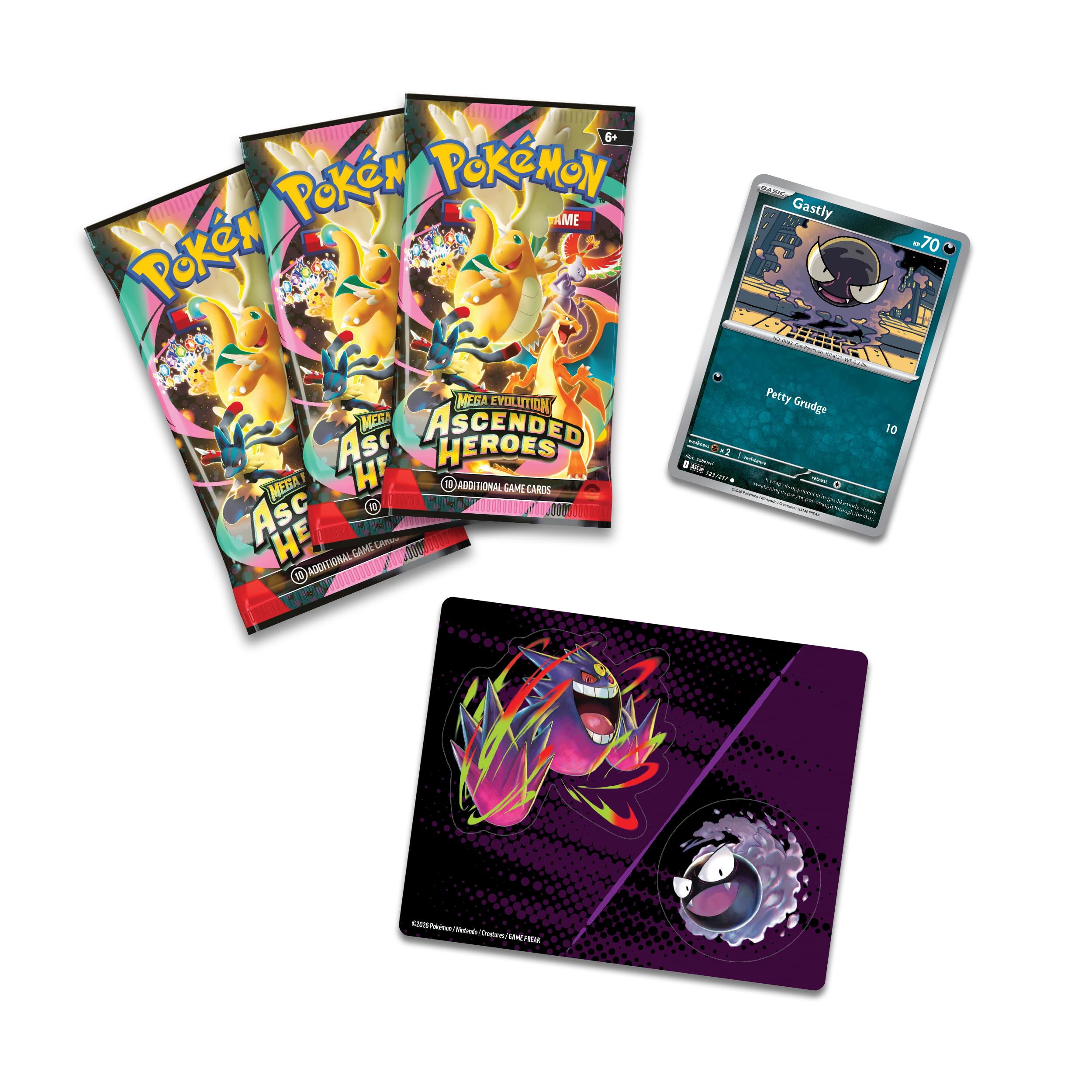 Pokémon TCG: Mega Evolution—Ascended Heroes Tech Sticker Collection - Gastly | 3 Booster Packs | Ages 6+