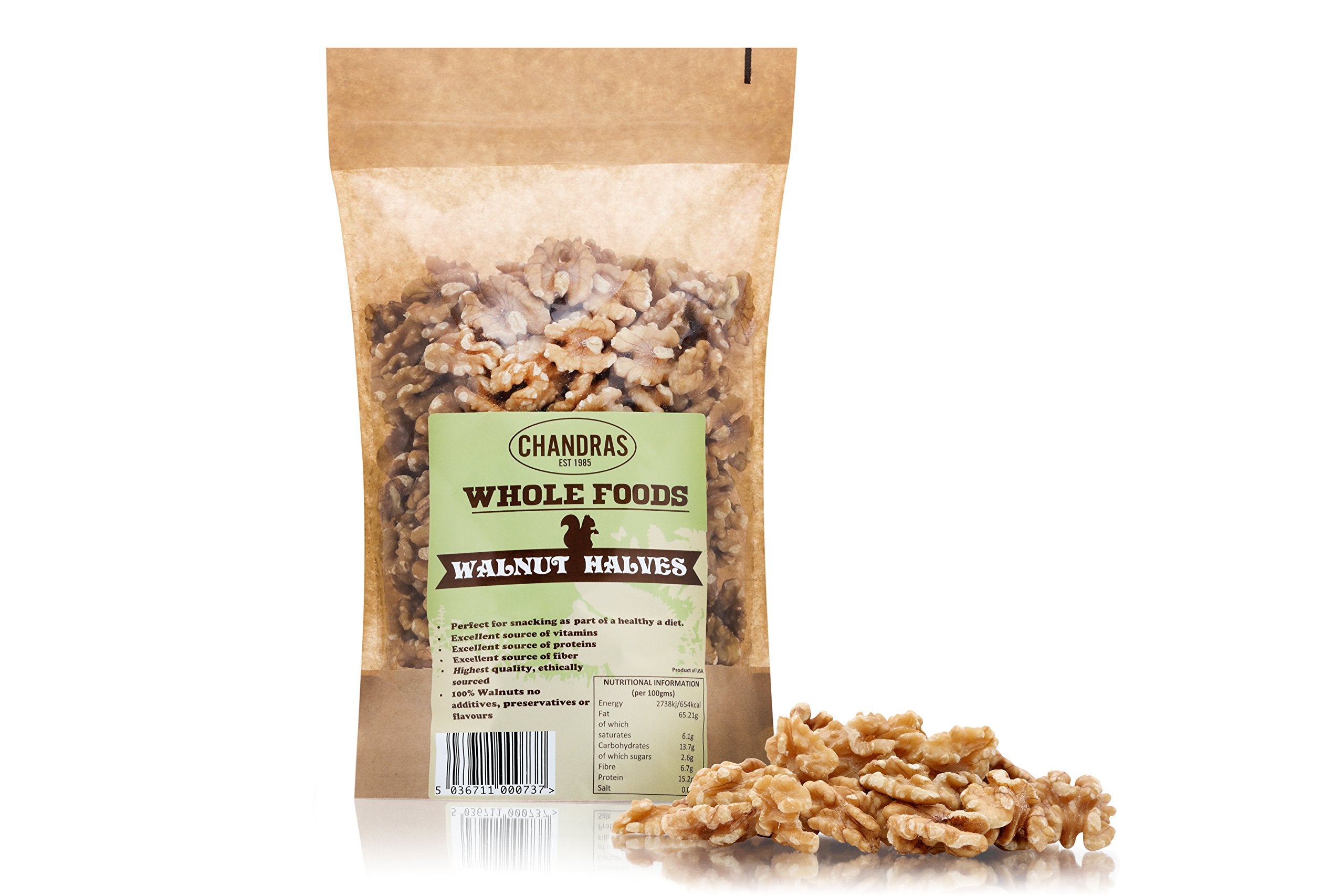 Chandra Whole Foods Walnuts Halves - 500g Bag | Low-GI, Nutrient-Rich, Vegan-Friendly