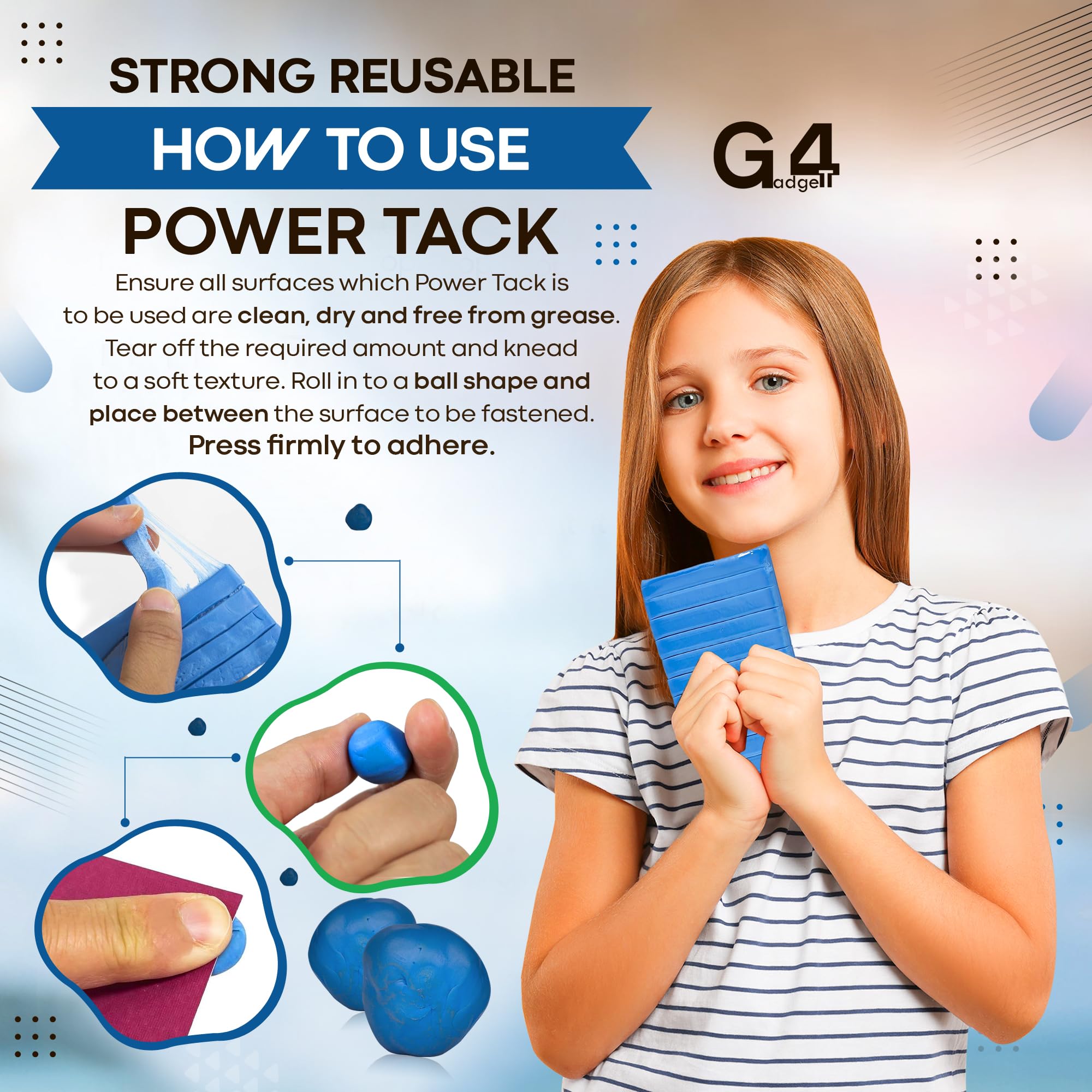 G4GADGET Power Tack Blue Adhesive Putty - Reusable, Non-Marking, Strong Hold | 150g Pack 6