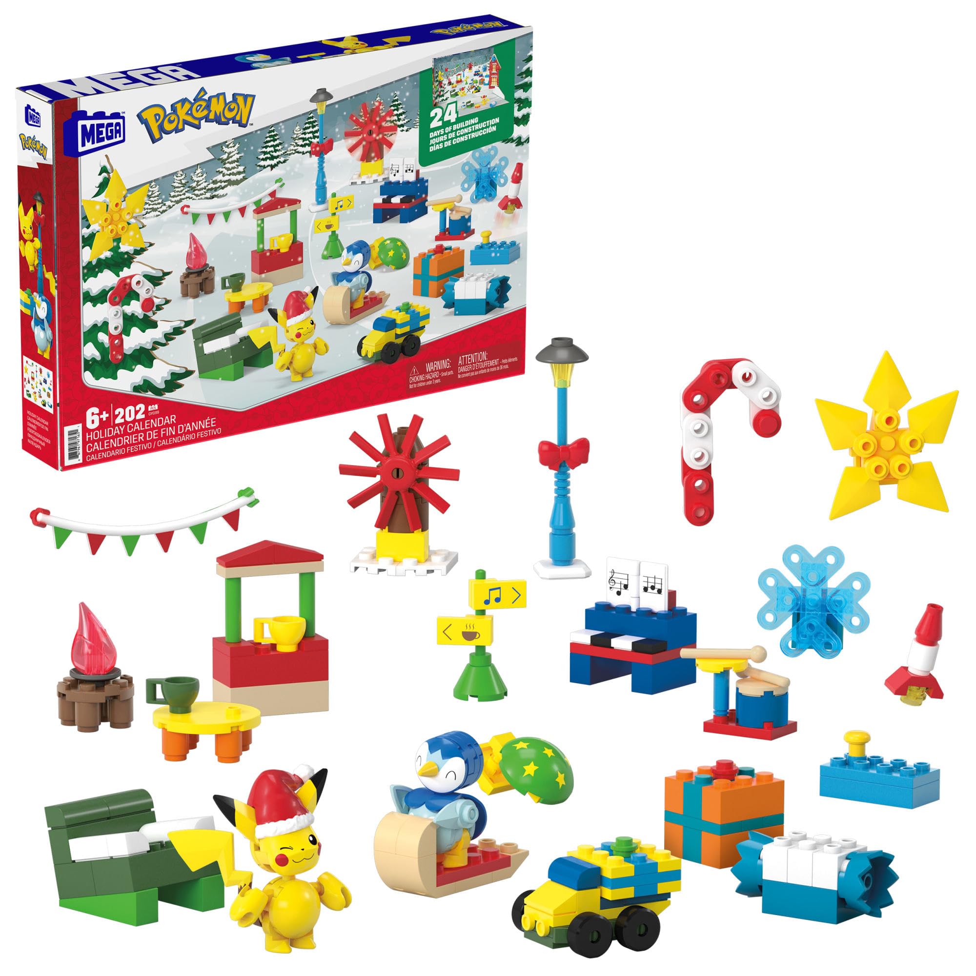 MEGA Pokémon Building Toys Set - 24-Day Holiday Calendar with 202 Pieces, Pikachu & Piplup Figures 1