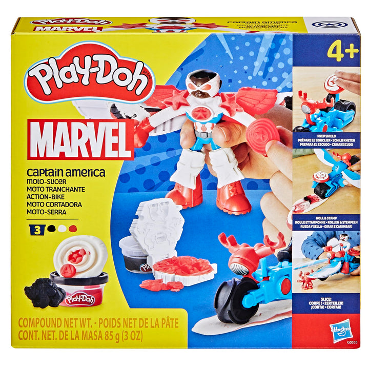 Play-Doh Marvel Captain America Moto-Slicer Playset - Bendy Figure, Motorbike Tool & 3 Tubs, Ages 4+
